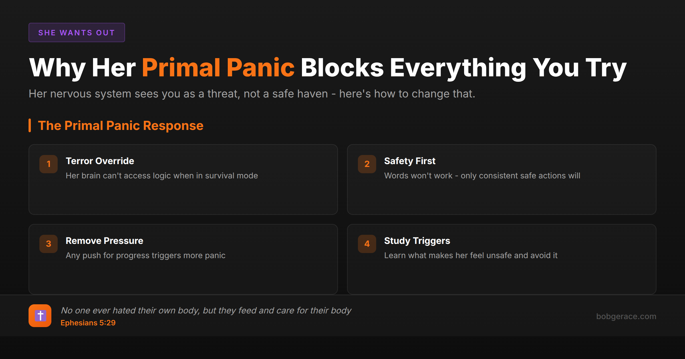 Marriage coaching framework explaining primal panic response when wife sees husband as threat instead of safe haven