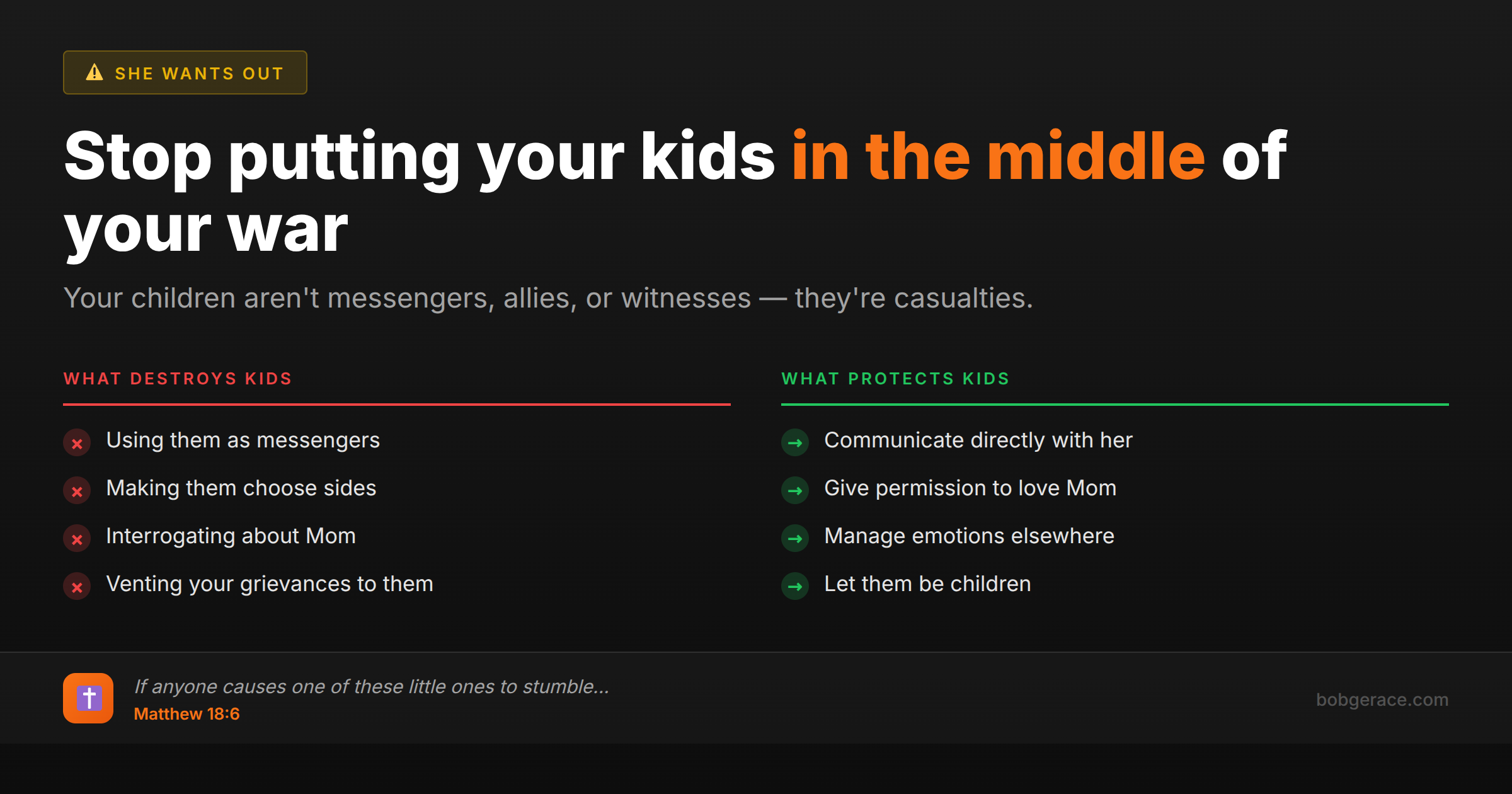 Marriage coaching advice comparing harmful vs protective behaviors toward children during marital conflict, with Biblical guidance from Matthew 18:6