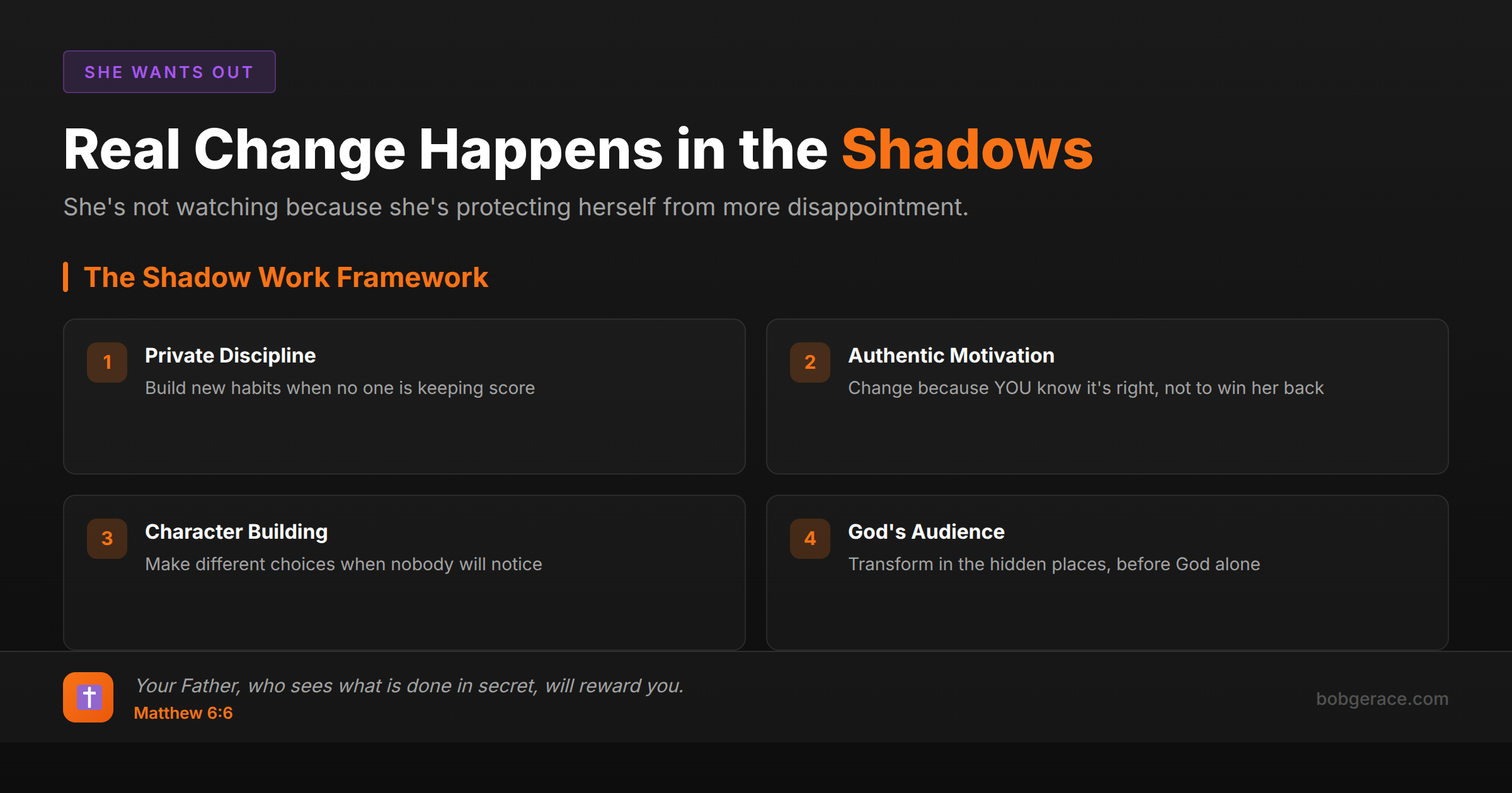 Marriage coaching framework showing how real change happens in private, with biblical principles for men whose wives have stopped watching for change