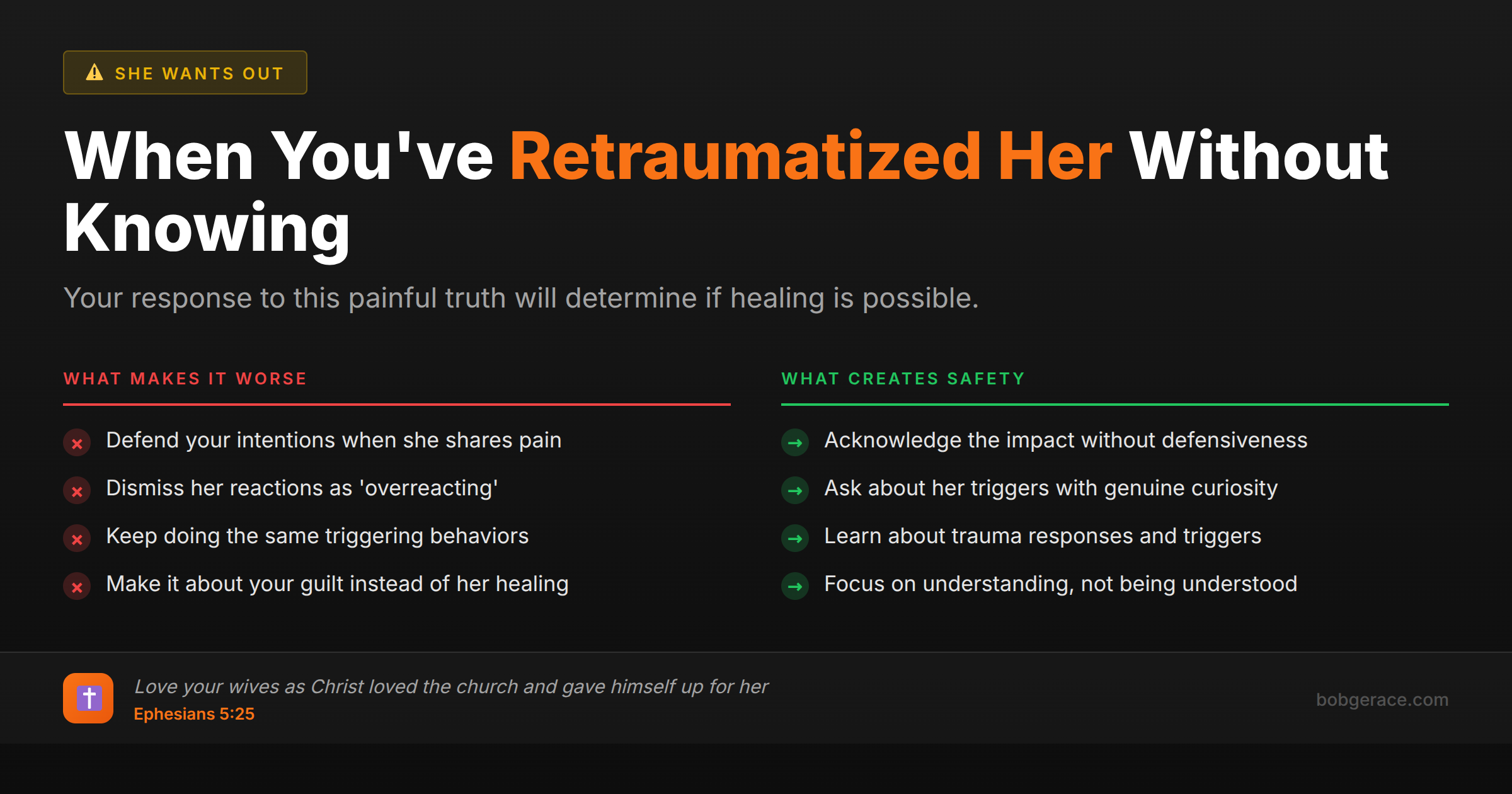 Marriage advice comparing harmful vs healing responses when you've unknowingly retraumatized your wife