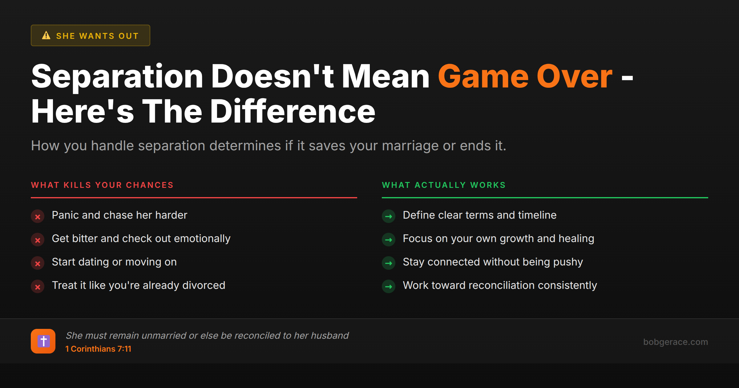 Marriage coaching infographic comparing wrong vs right approaches to marital separation for men wanting to save their marriage