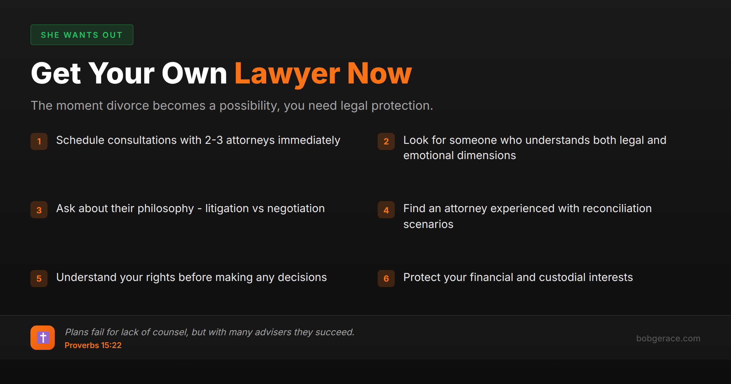 Marriage coaching advice checklist for men about getting legal counsel during potential divorce proceedings