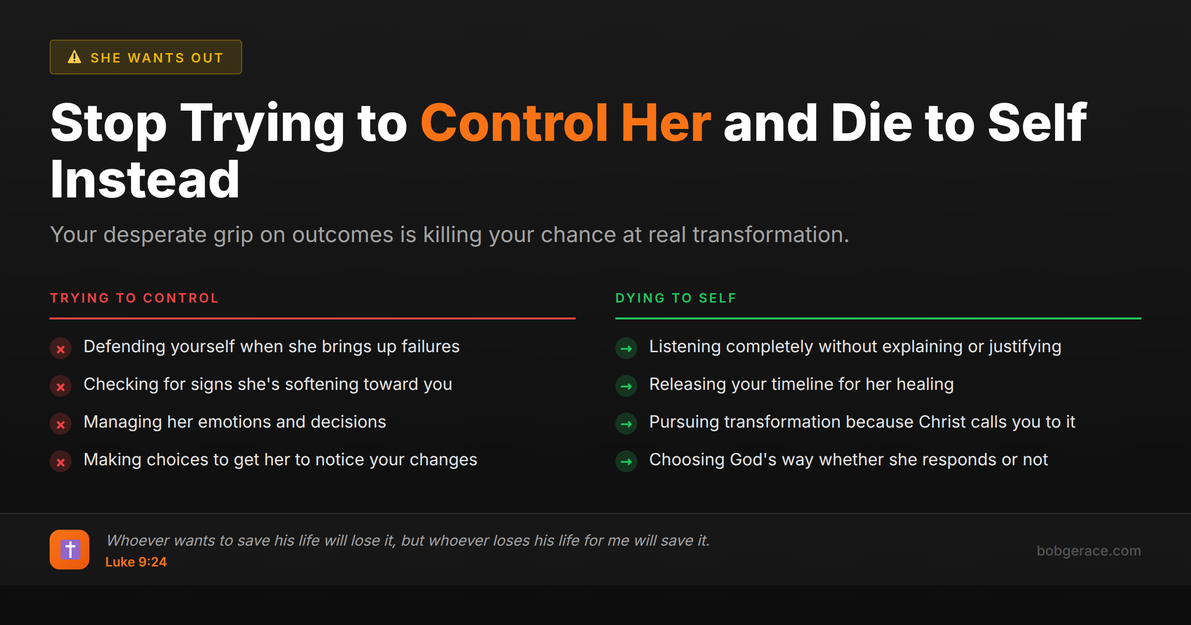 Marriage coaching advice comparing controlling behavior vs dying to self when wife wants out