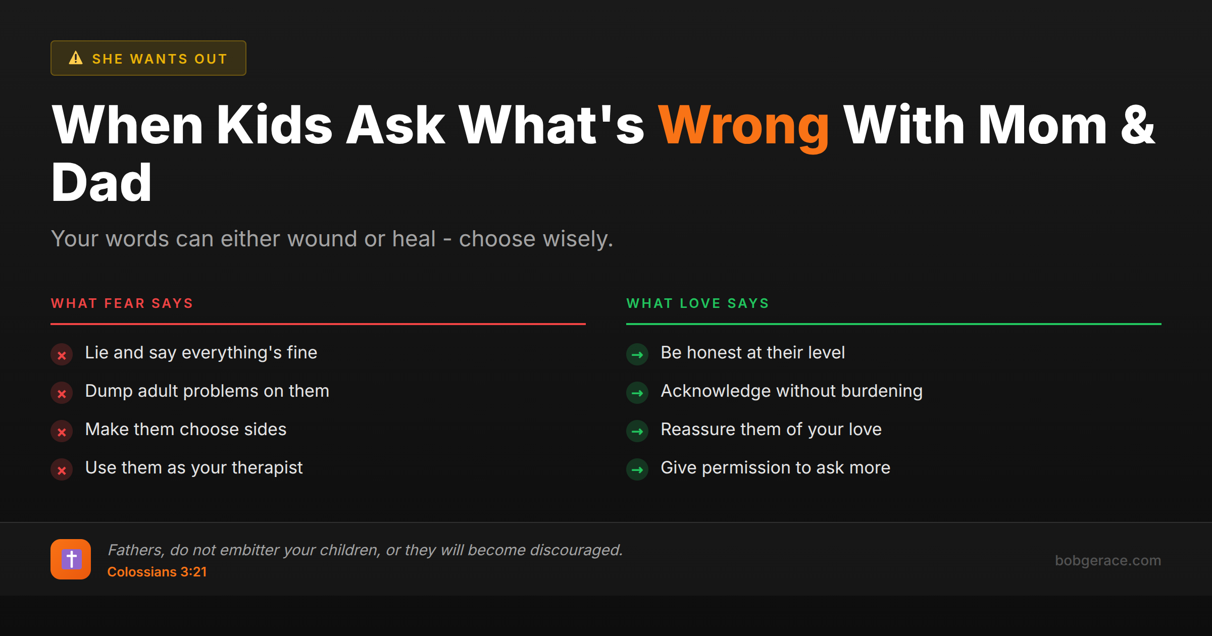 Comparison chart showing wrong vs right ways to talk to children about marriage problems, with Bible verse Colossians 3:21