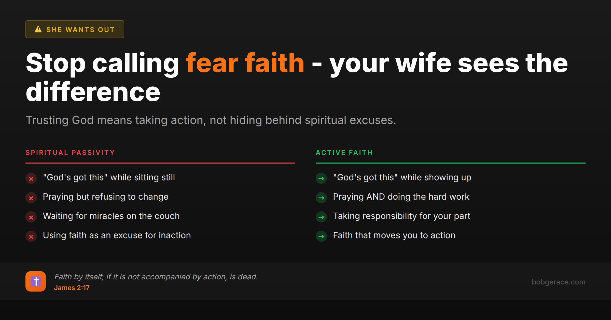 Marriage coaching image comparing spiritual passivity versus active faith - showing the difference between hiding behind spiritual excuses and trusting God while taking action