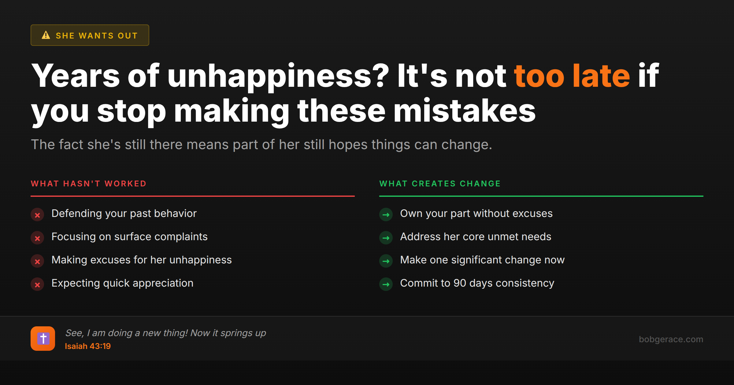 Marriage coaching advice comparing ineffective vs effective approaches for restoring an unhappy marriage after years of problems