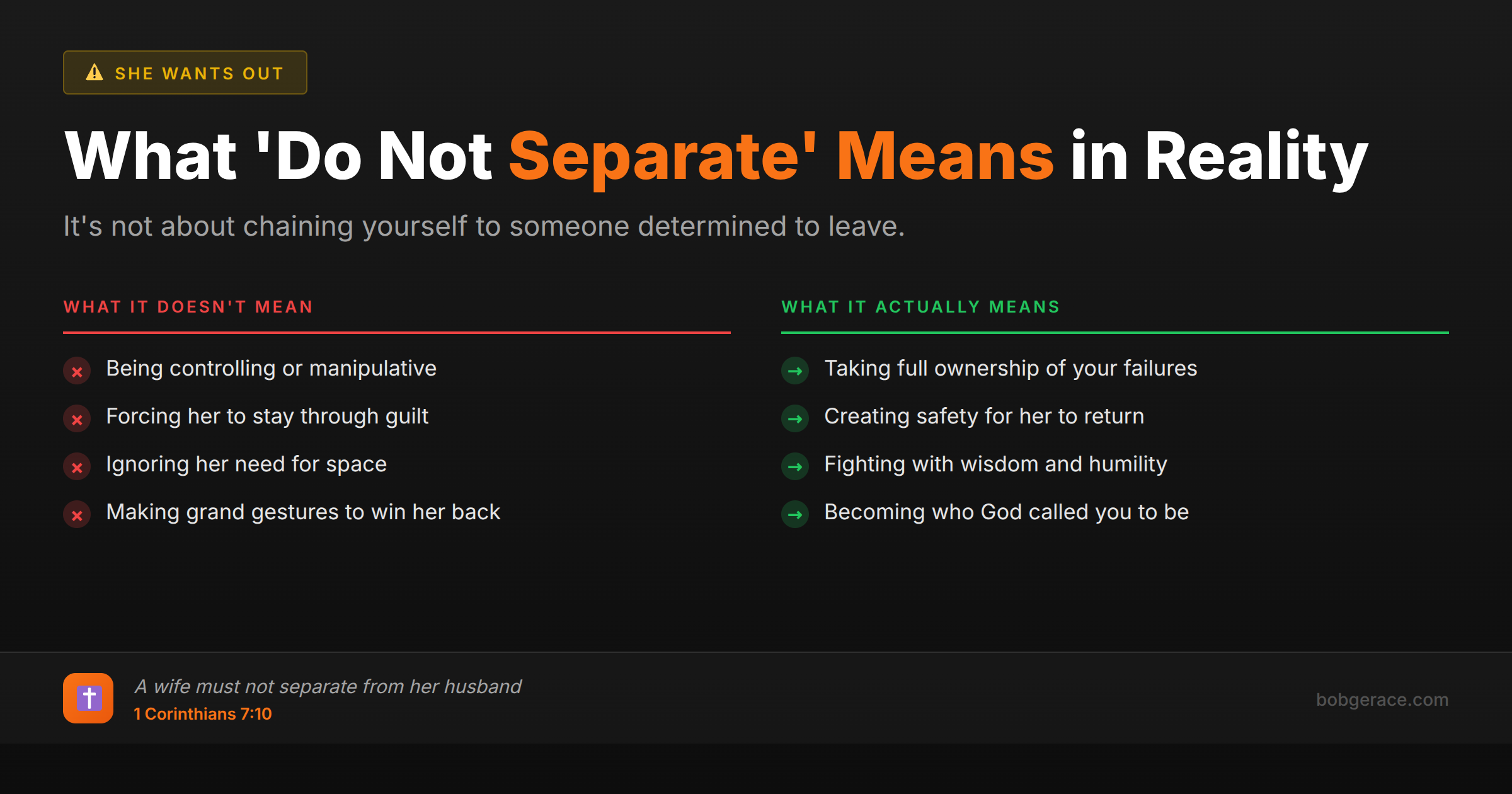 Comparison chart showing what 'do not separate' means versus common misconceptions in marriage coaching