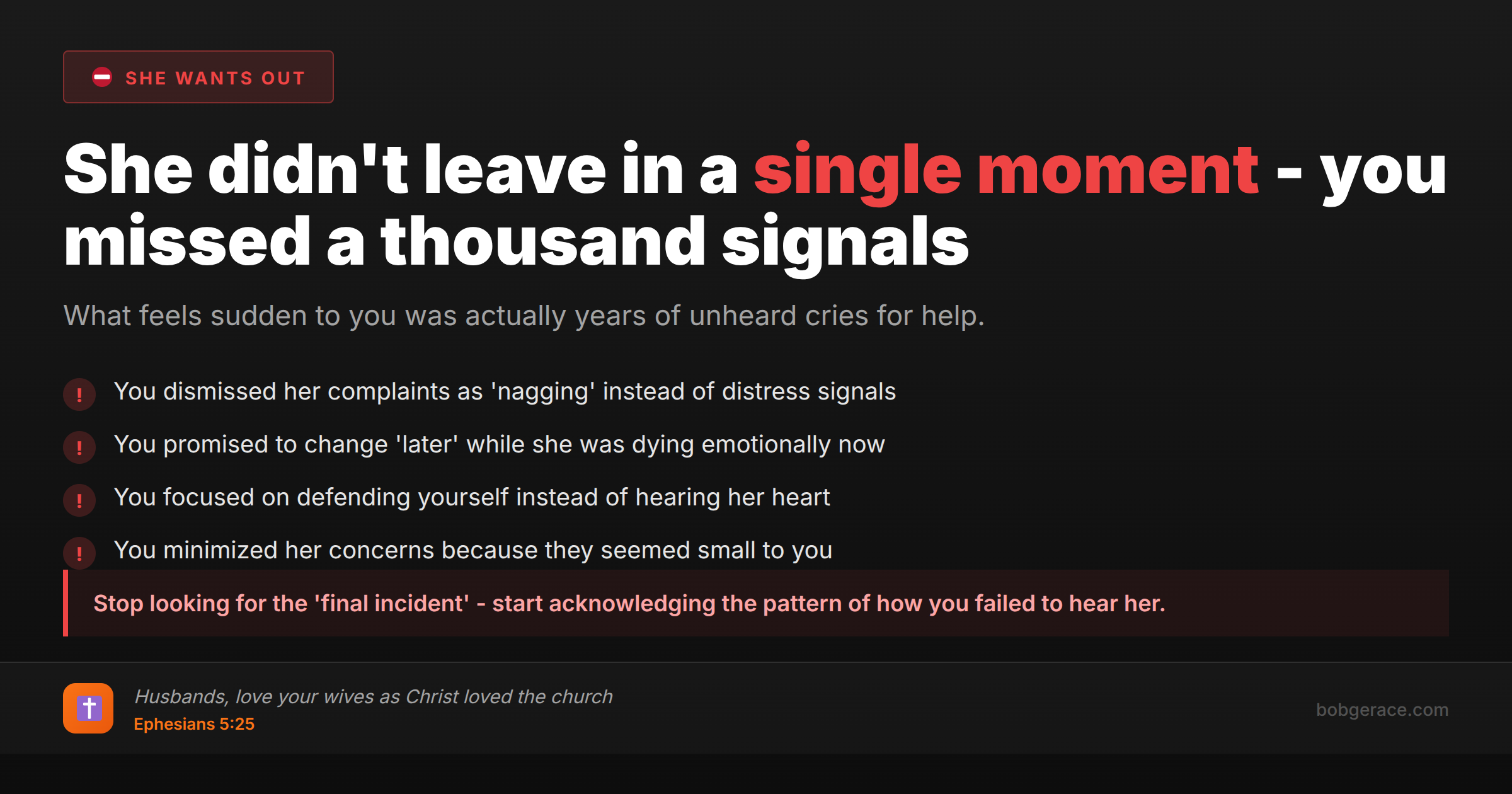 Warning signs that show why a wife reaches her breaking point - marriage coaching advice for men