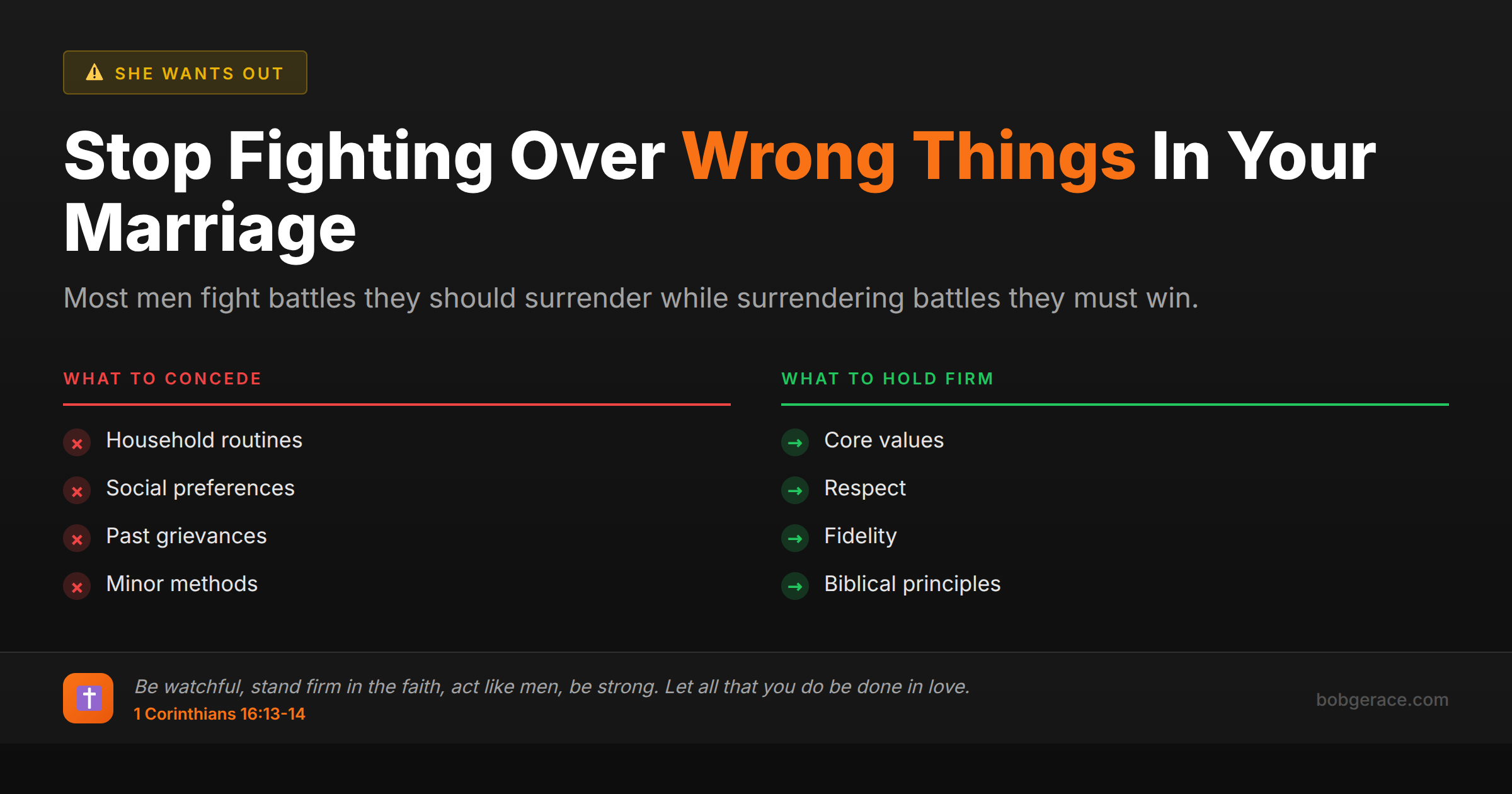 Marriage coaching graphic showing what husbands should fight for versus what to let go in their relationship