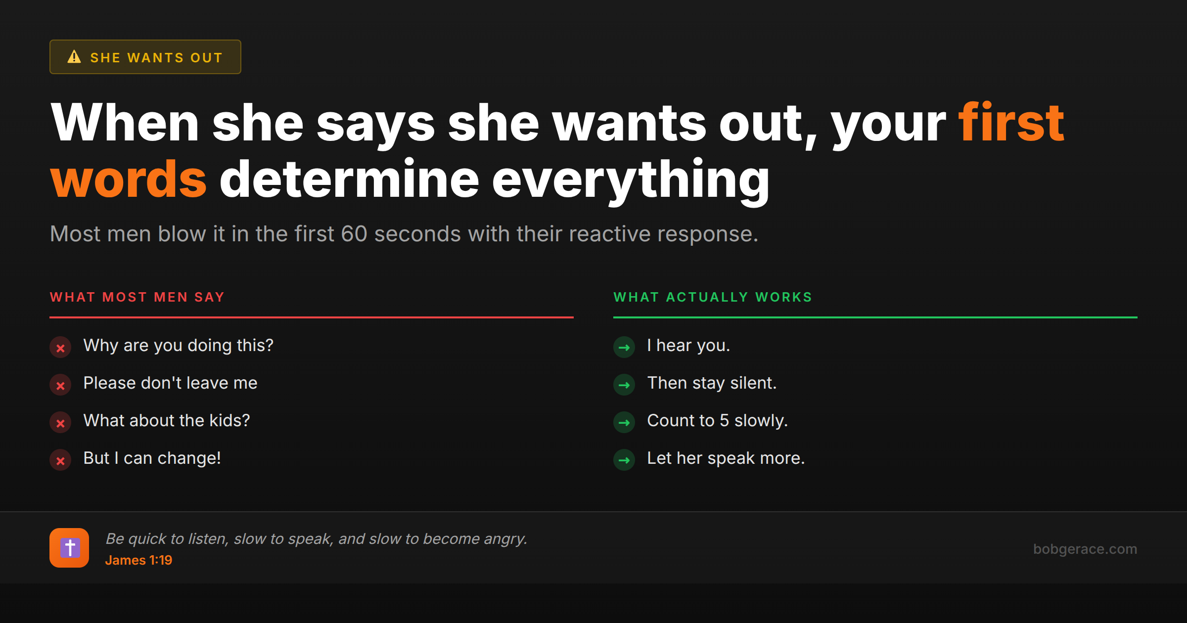 Marriage coaching advice comparing wrong vs right first responses when wife wants divorce - quick to listen slow to speak