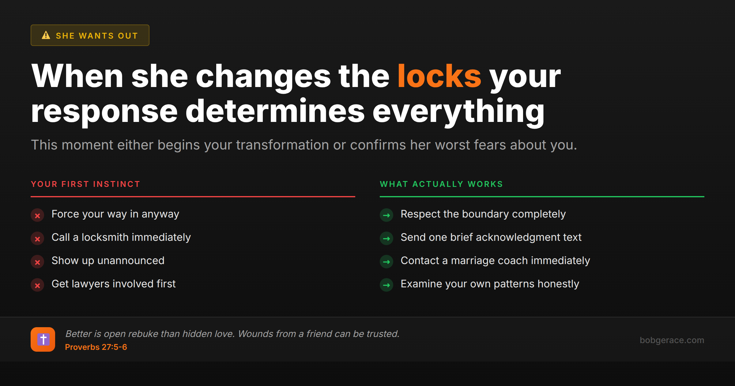 Marriage coaching advice comparing wrong vs right responses when wife changes the locks