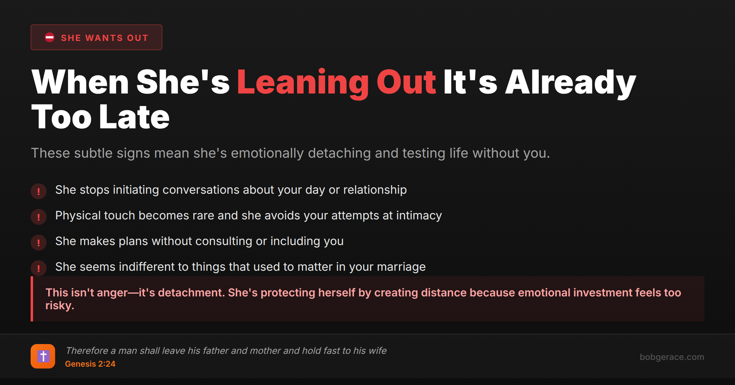 Warning signs that your wife is emotionally leaning out of the marriage and creating distance