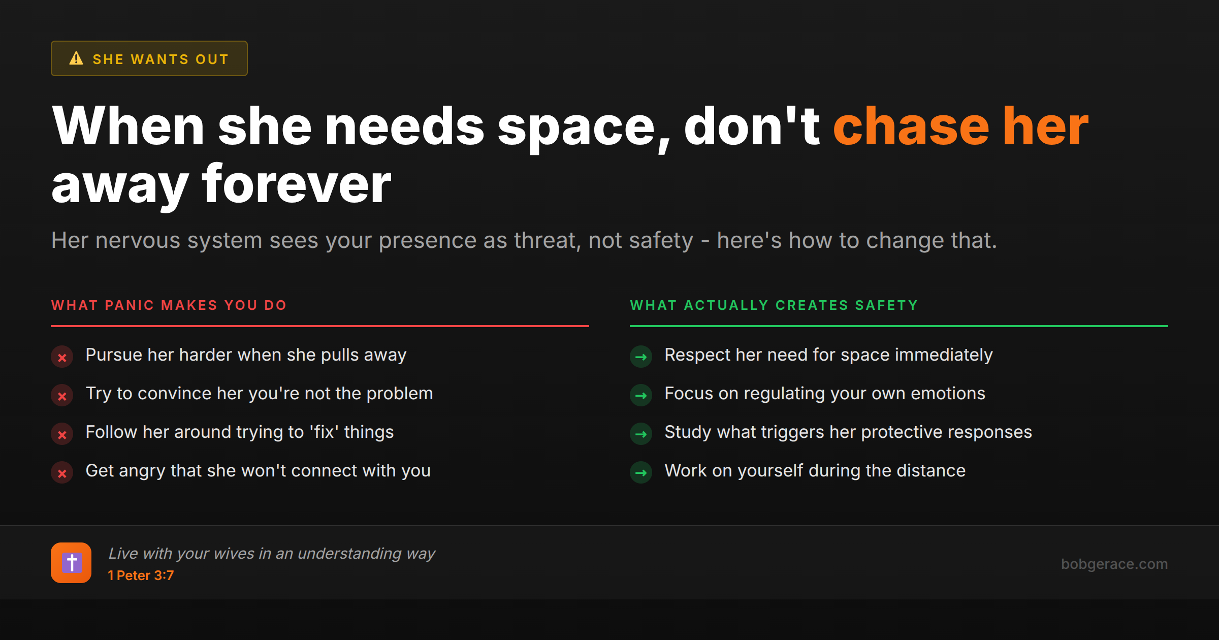 Marriage advice comparing wrong vs right responses when wife's nervous system needs space due to feeling unsafe
