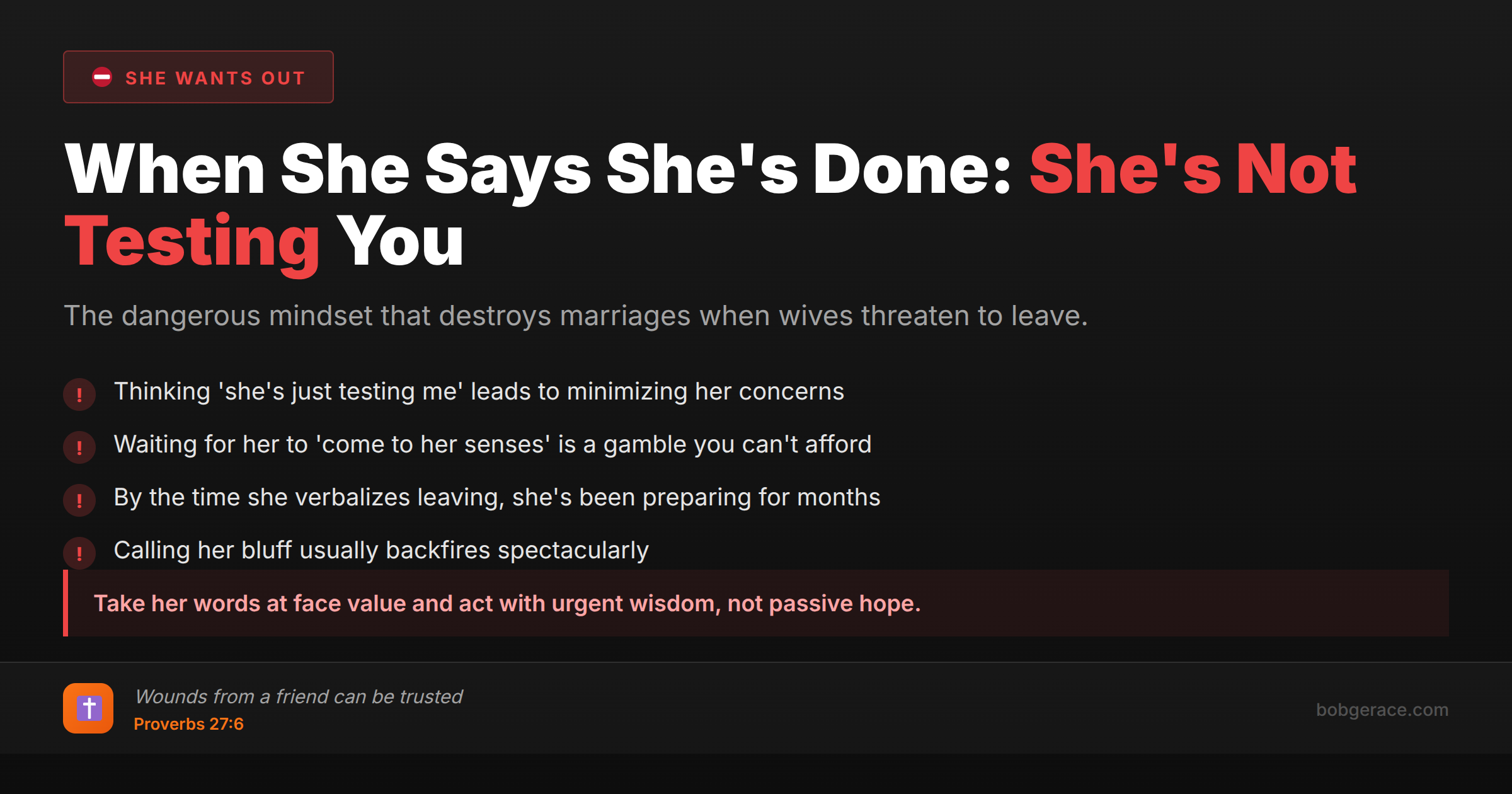 Marriage coaching warning signs when wife threatens to leave - she's not testing you