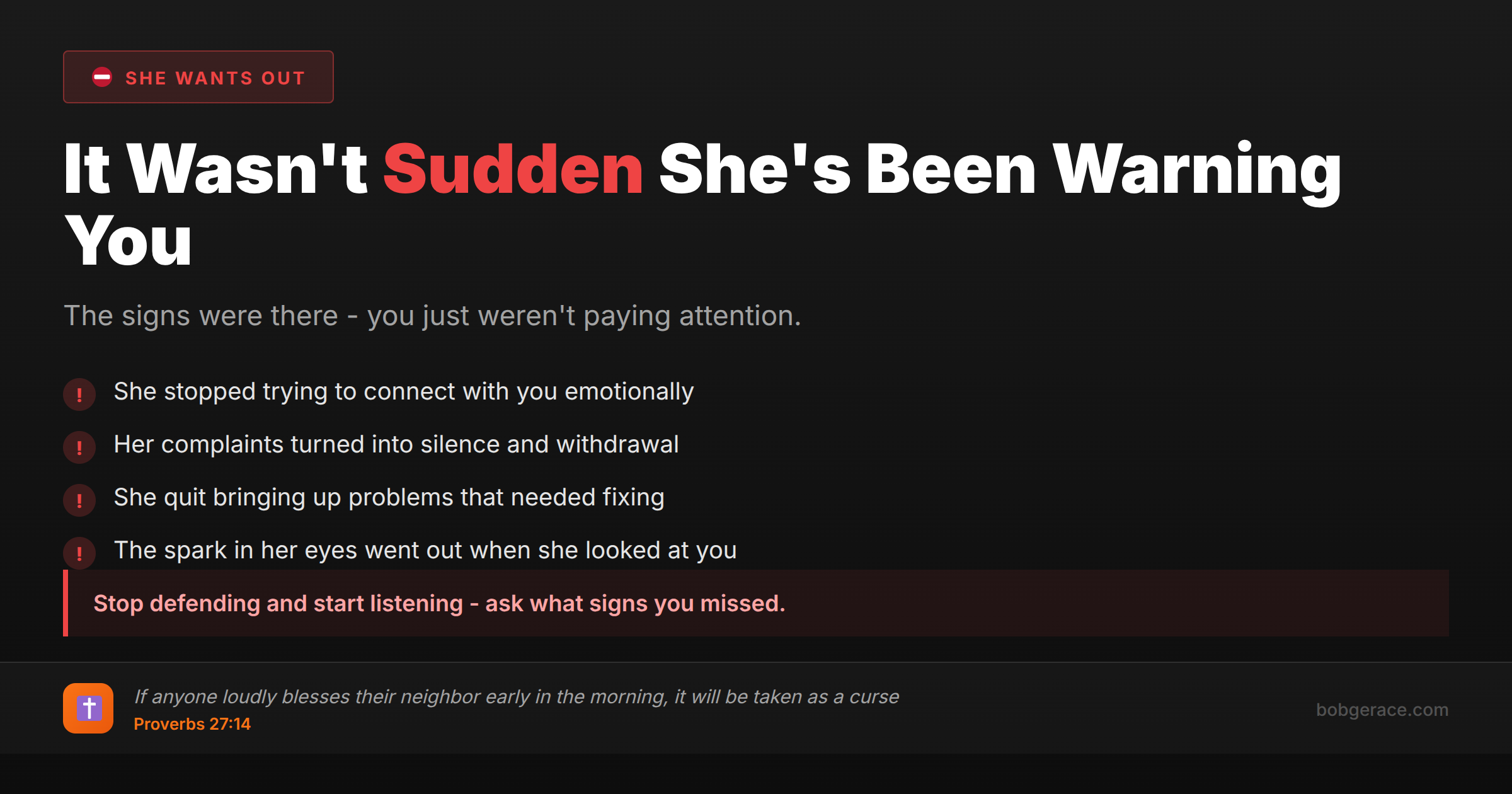 Marriage warning signs - wife leaving isn't sudden, shows 4 warning signs husbands miss before wives want out