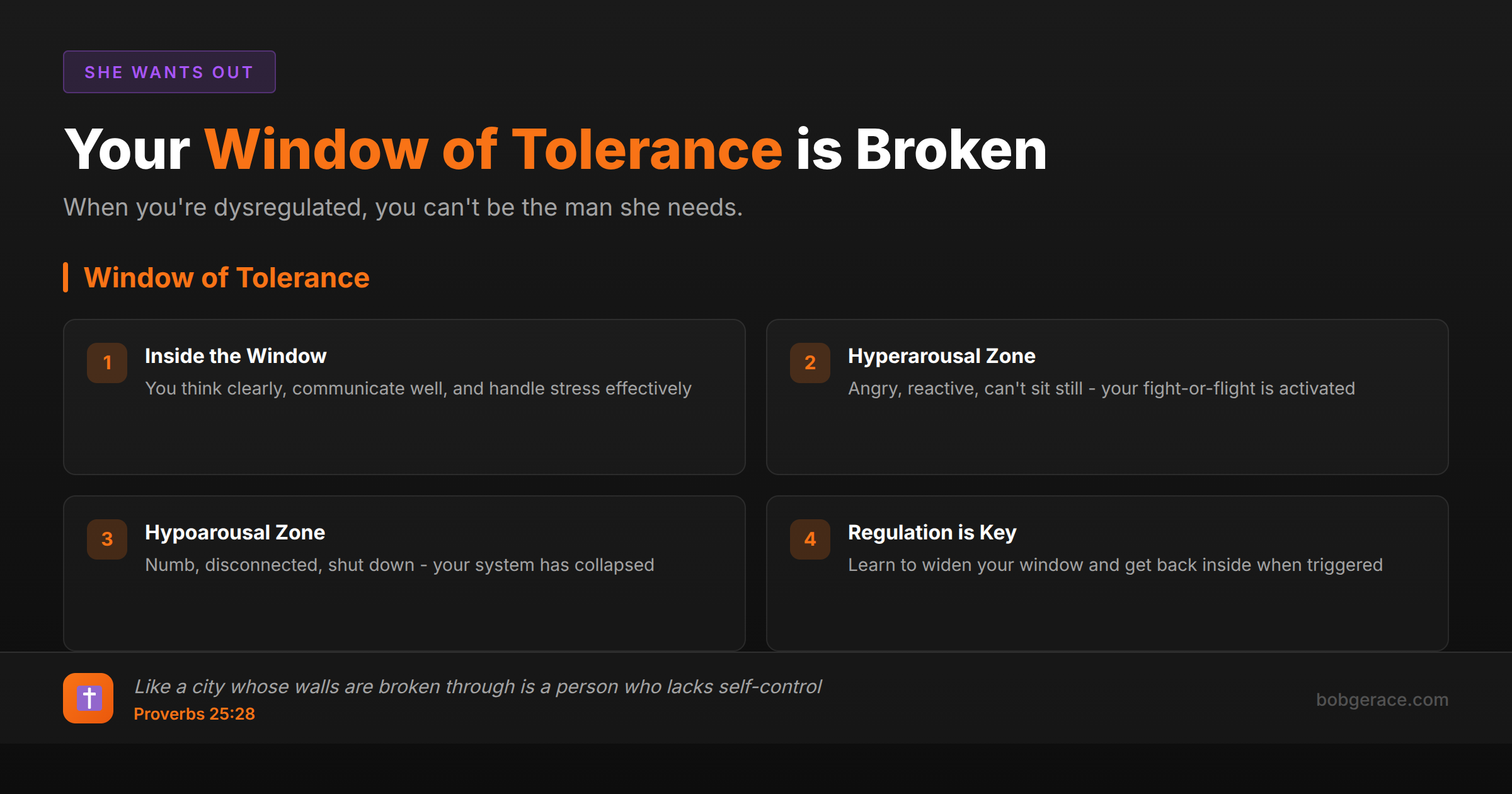 Infographic explaining the window of tolerance concept for men trying to save their marriage, showing hyperarousal, regulated zone, and hypoarousal states