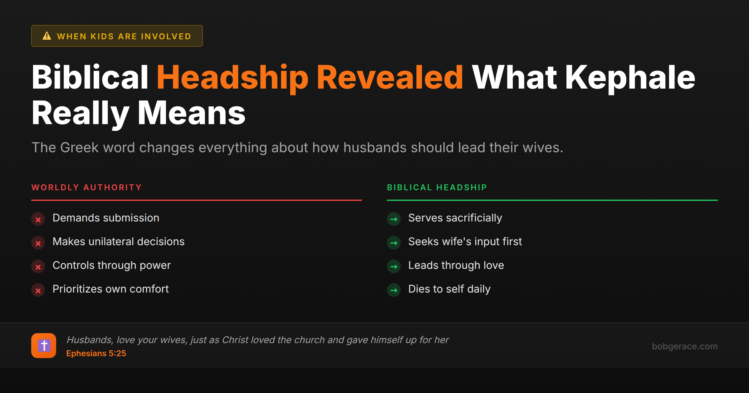 Comparison chart showing the difference between worldly authority and biblical headship in Christian marriage, with Bible verse about sacrificial love