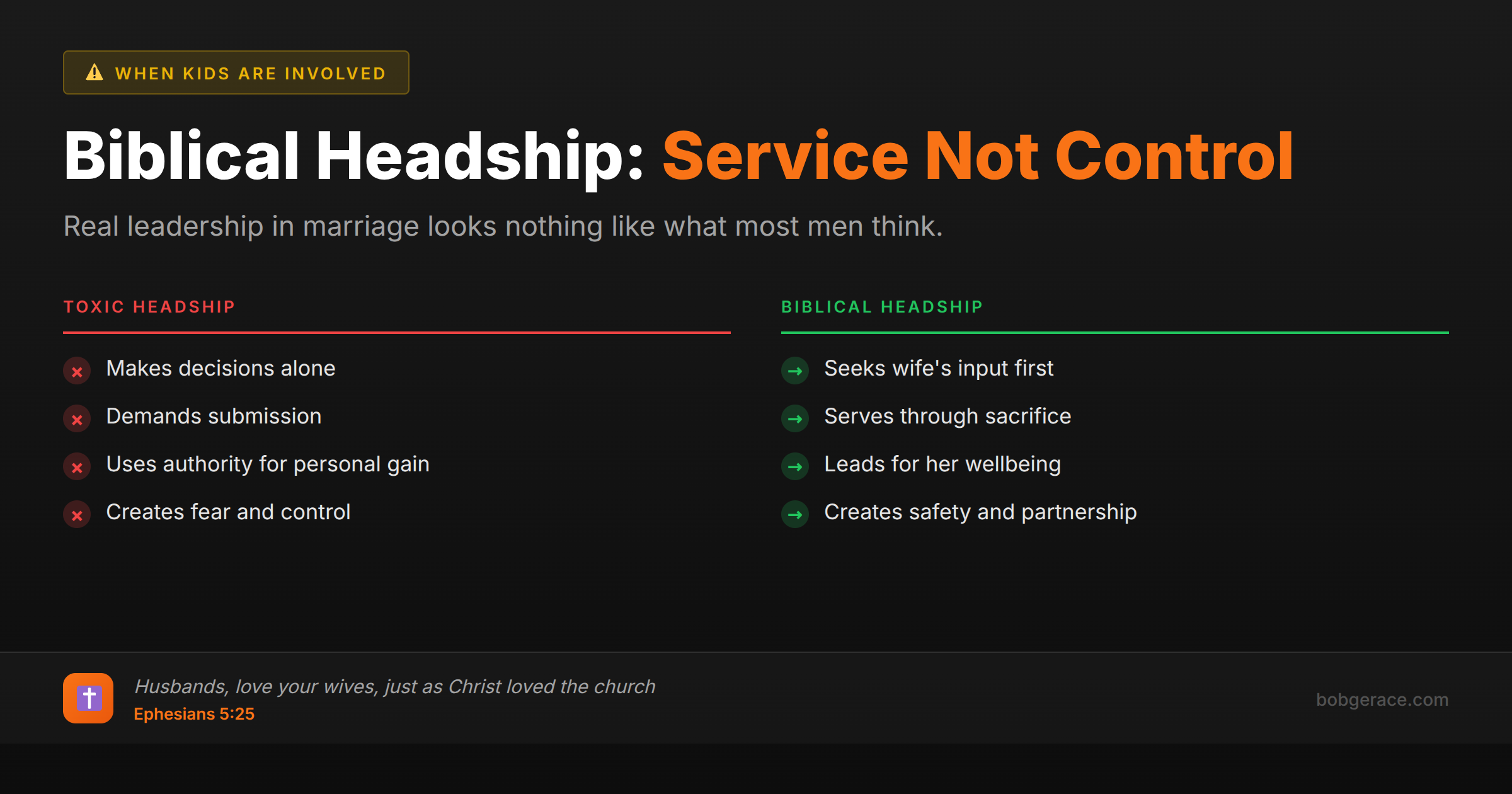 Comparison chart showing toxic headship vs biblical headship in marriage, emphasizing servant leadership over control