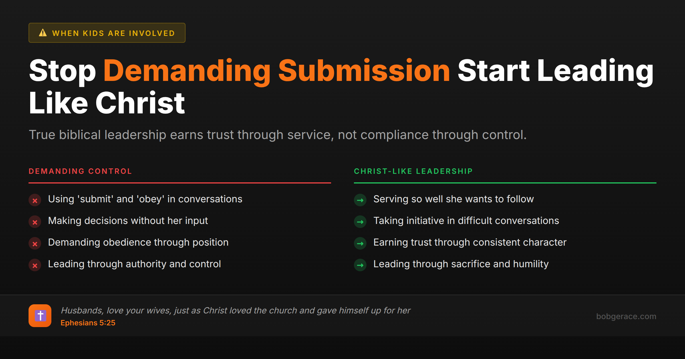 Biblical marriage leadership comparison showing demanding control versus Christ-like servant leadership approaches for Christian husbands