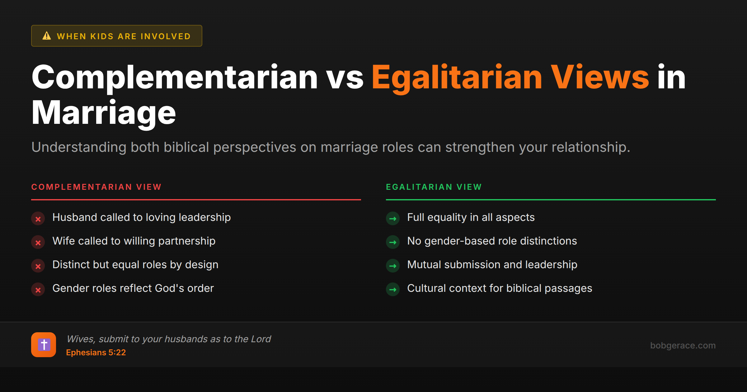 Comparison chart showing complementarian vs egalitarian views on marriage roles and biblical interpretation for Christian couples