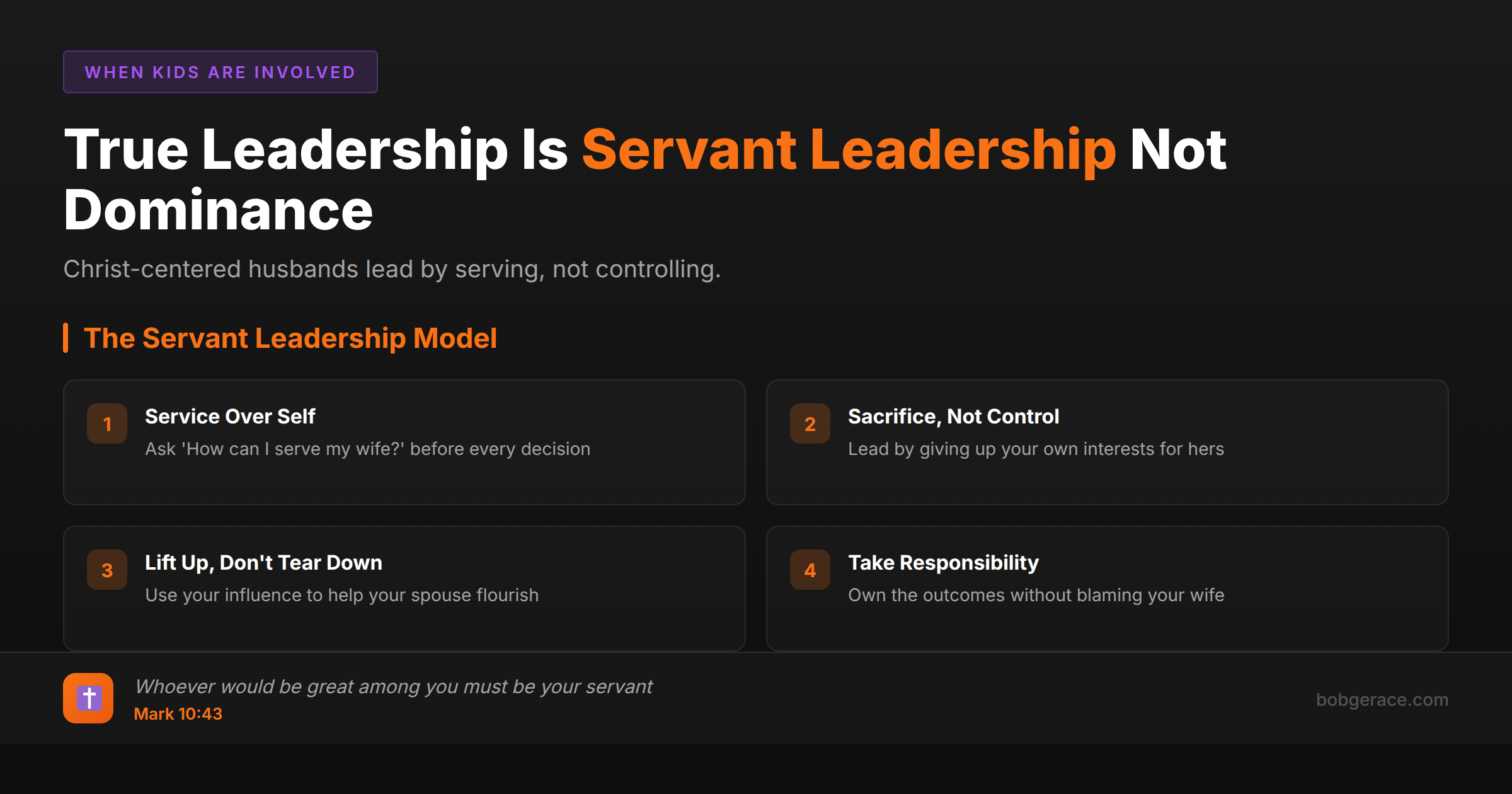 Biblical servant leadership framework for Christian husbands showing four principles of Christ-centered marriage leadership