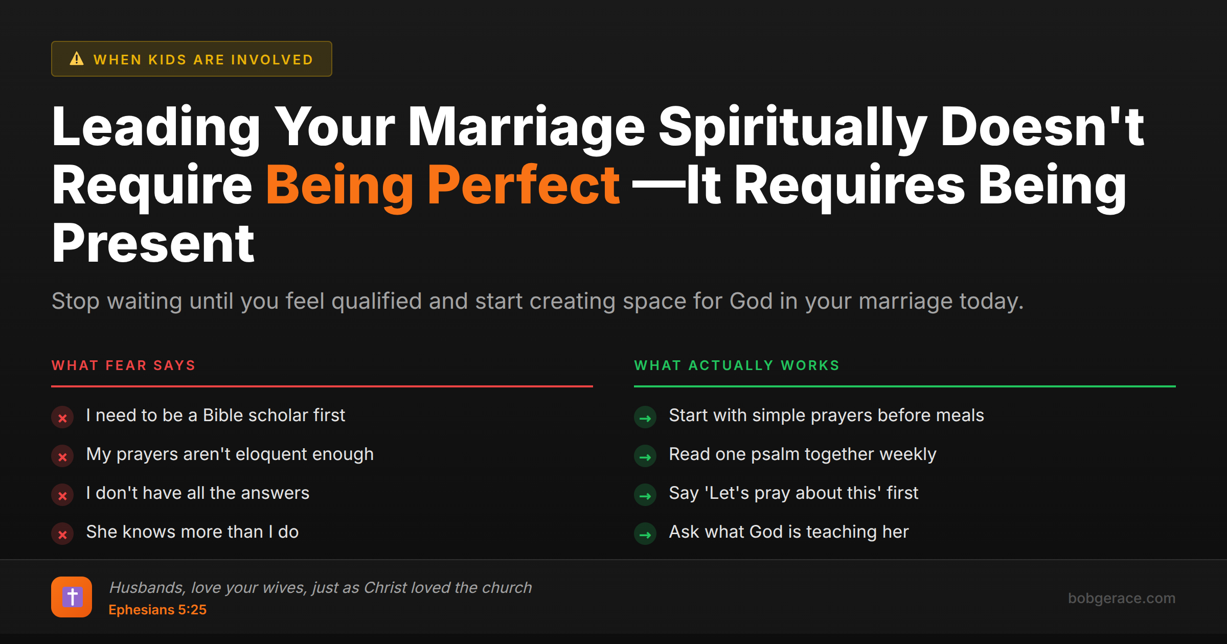 Comparison chart showing fears vs practical actions for leading spiritually in marriage, with Bible verse about Christ's love for the church