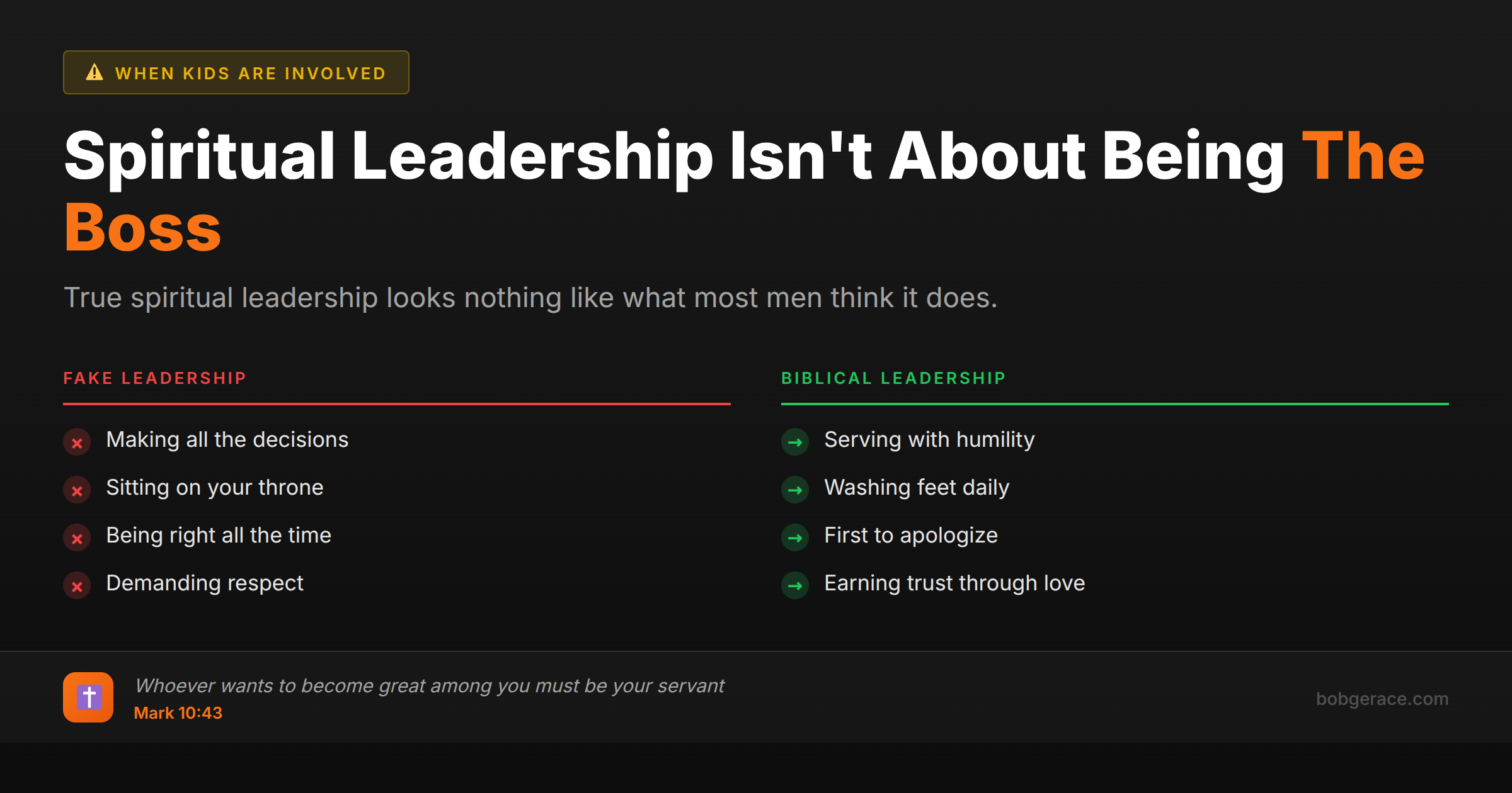 Comparison chart showing fake leadership versus biblical leadership for Christian husbands and fathers