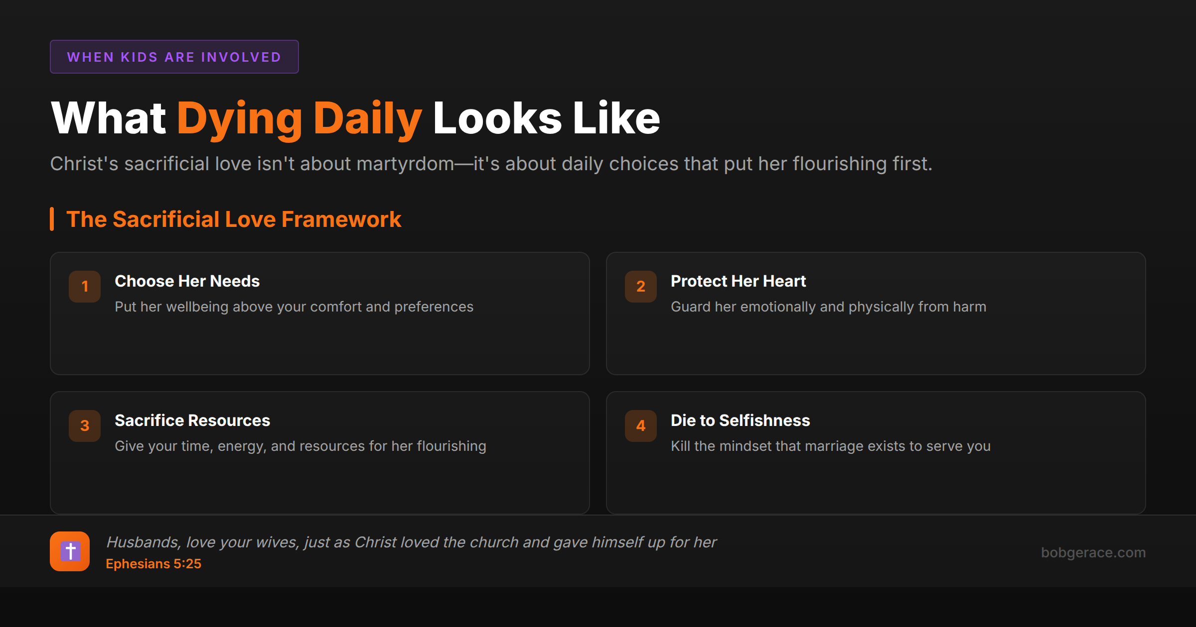Marriage coaching framework showing what dying for your wife means practically with four principles of sacrificial love based on Ephesians 5:25