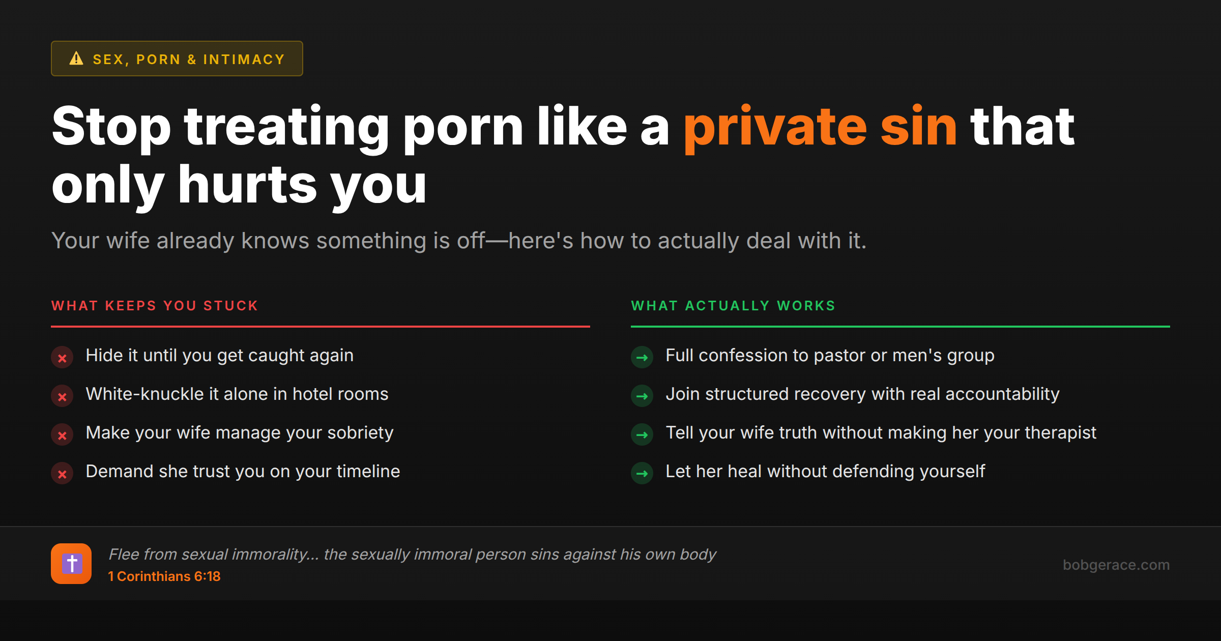 Comparison chart showing ineffective vs effective approaches for Christian husbands dealing with porn addiction, emphasizing accountability and truth over secrecy
