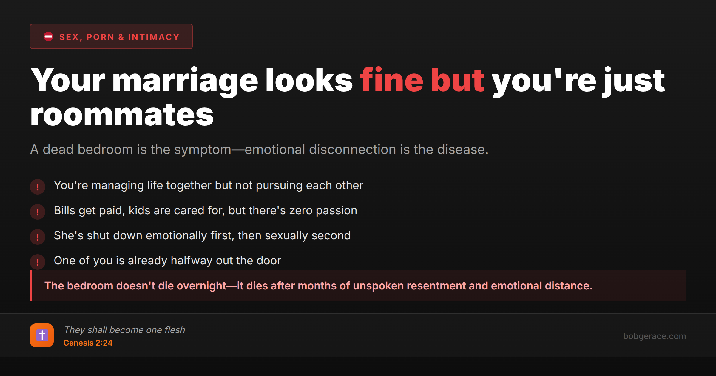 Marriage coaching warning signs about dead bedroom and emotional disconnection in relationships that appear fine on the surface