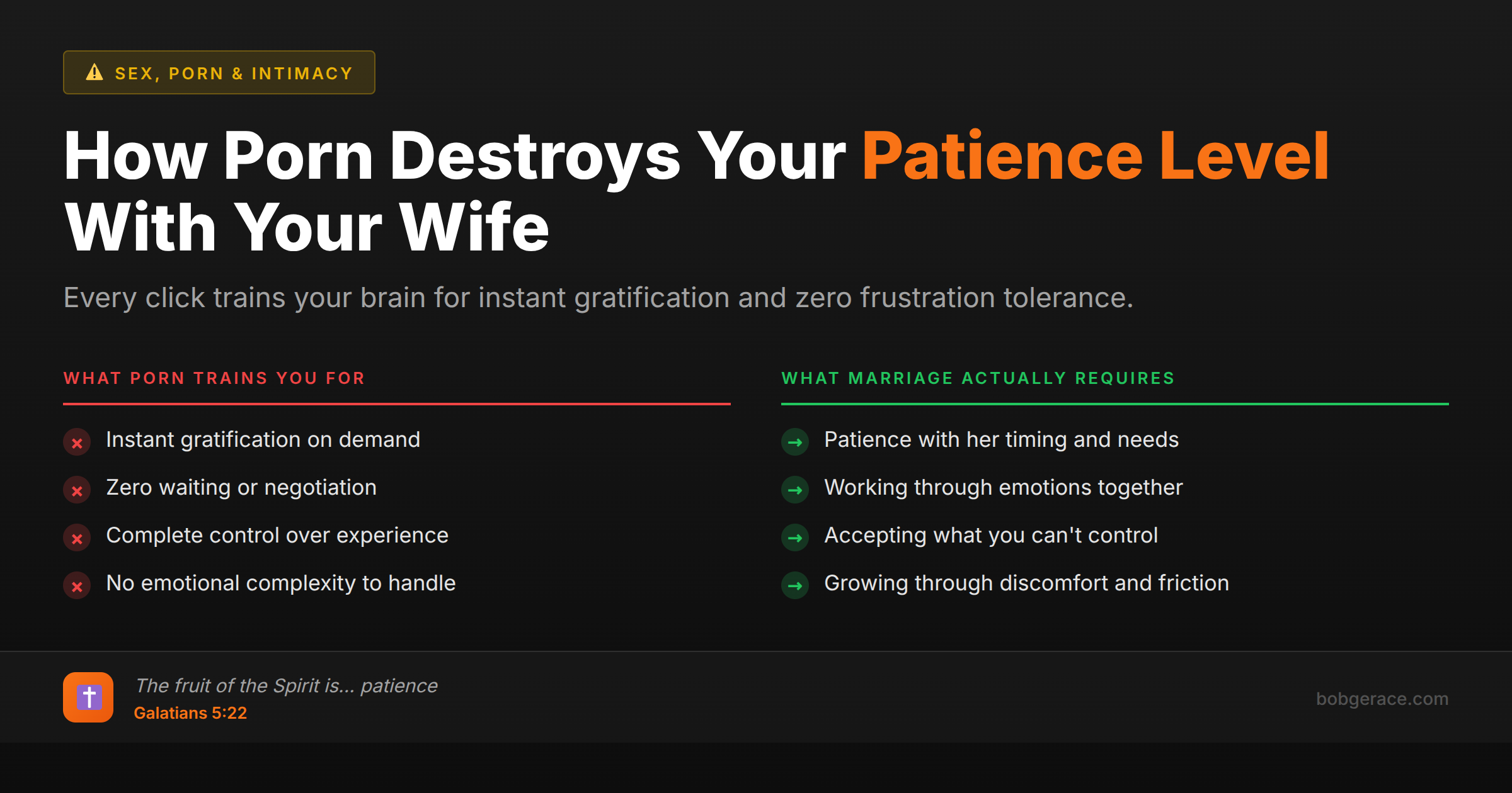 Marriage coaching infographic comparing how porn trains men for instant gratification versus what healthy marriage actually requires for patience and intimacy