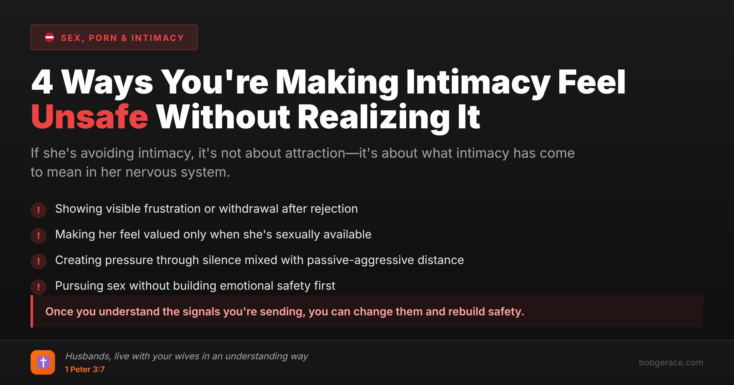 Marriage coaching infographic showing 4 warning signs that husbands make intimacy feel unsafe for their wives, with biblical guidance