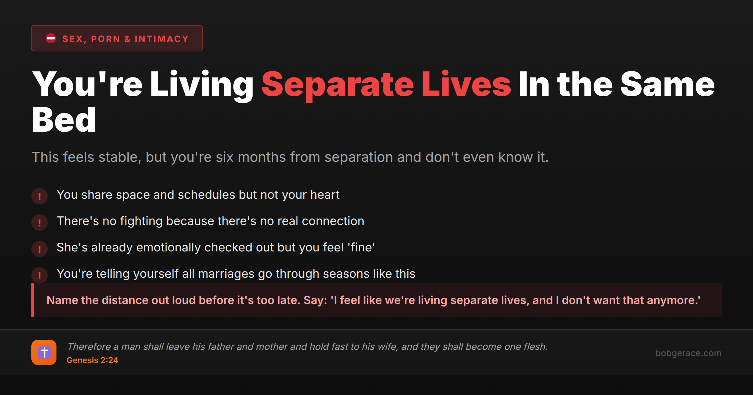 Marriage coaching warning signs: sleeping in same bed but living separate lives, emotional distance in marriage
