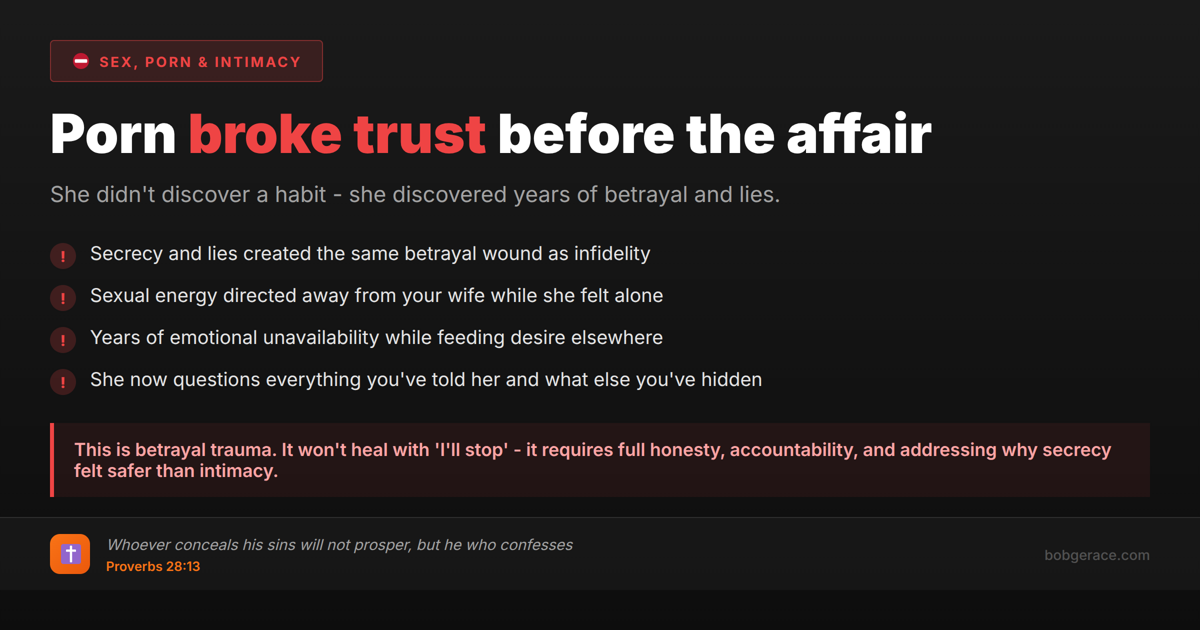 Warning signs that pornography use creates betrayal trauma and breaks trust in marriage before physical affairs happen