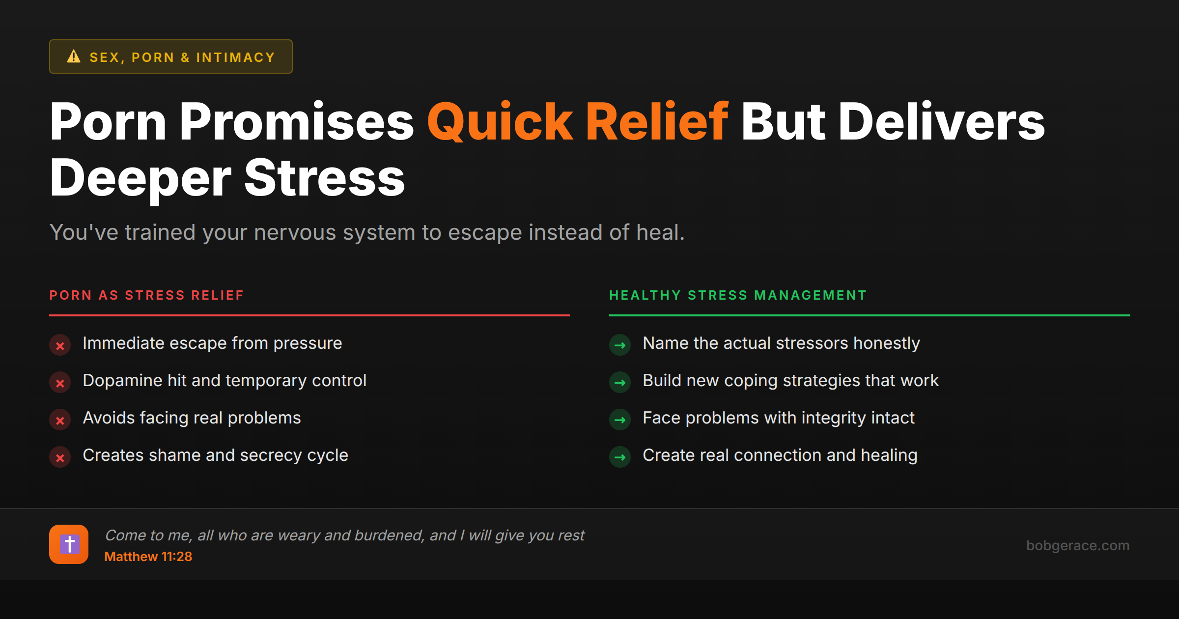 Comparison chart showing unhealthy porn-based stress relief versus healthy coping strategies for Christian men