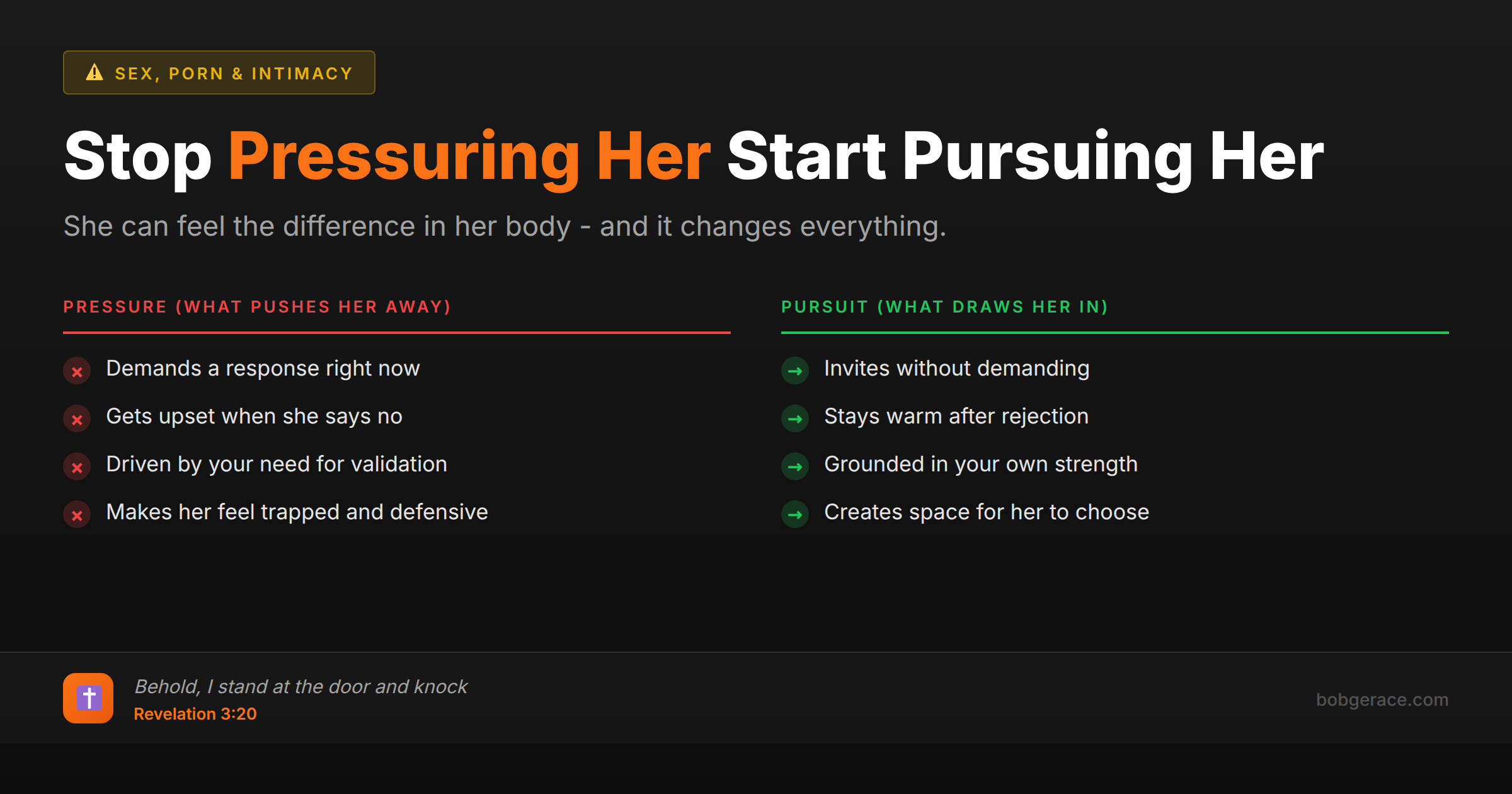 Marriage coaching infographic comparing pressure vs pursuit in relationships, showing how Christ pursues without pressuring as the biblical model for husbands