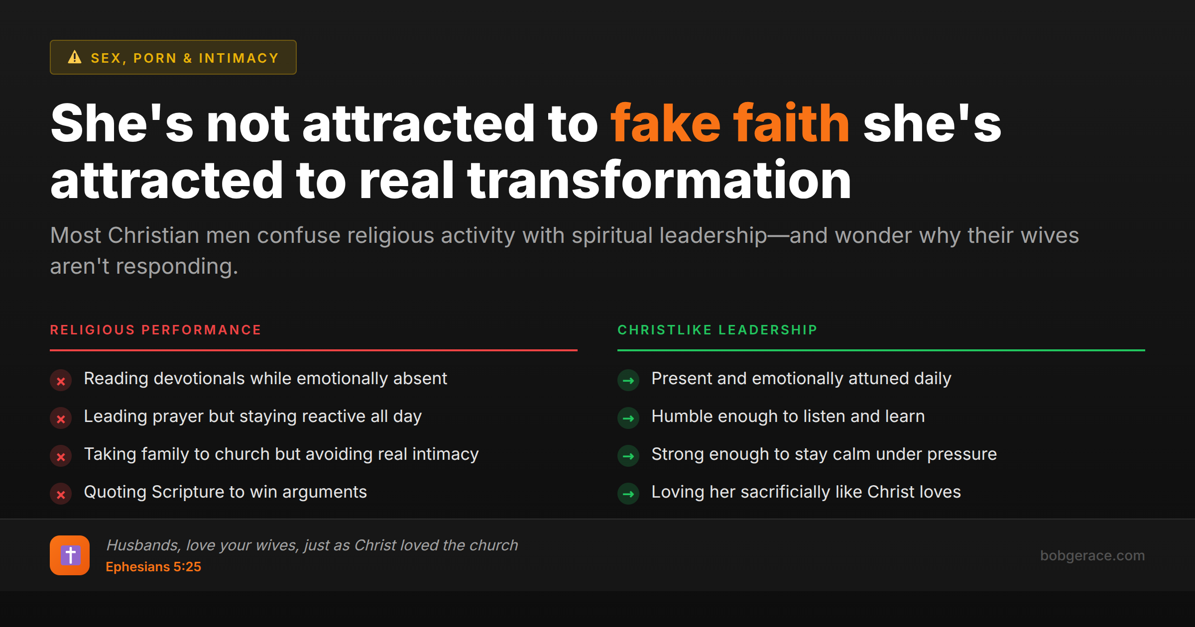 Comparison chart showing the difference between religious performance and true Christlike leadership in Christian marriage, with Bible verse about husbands loving wives like Christ loved the church