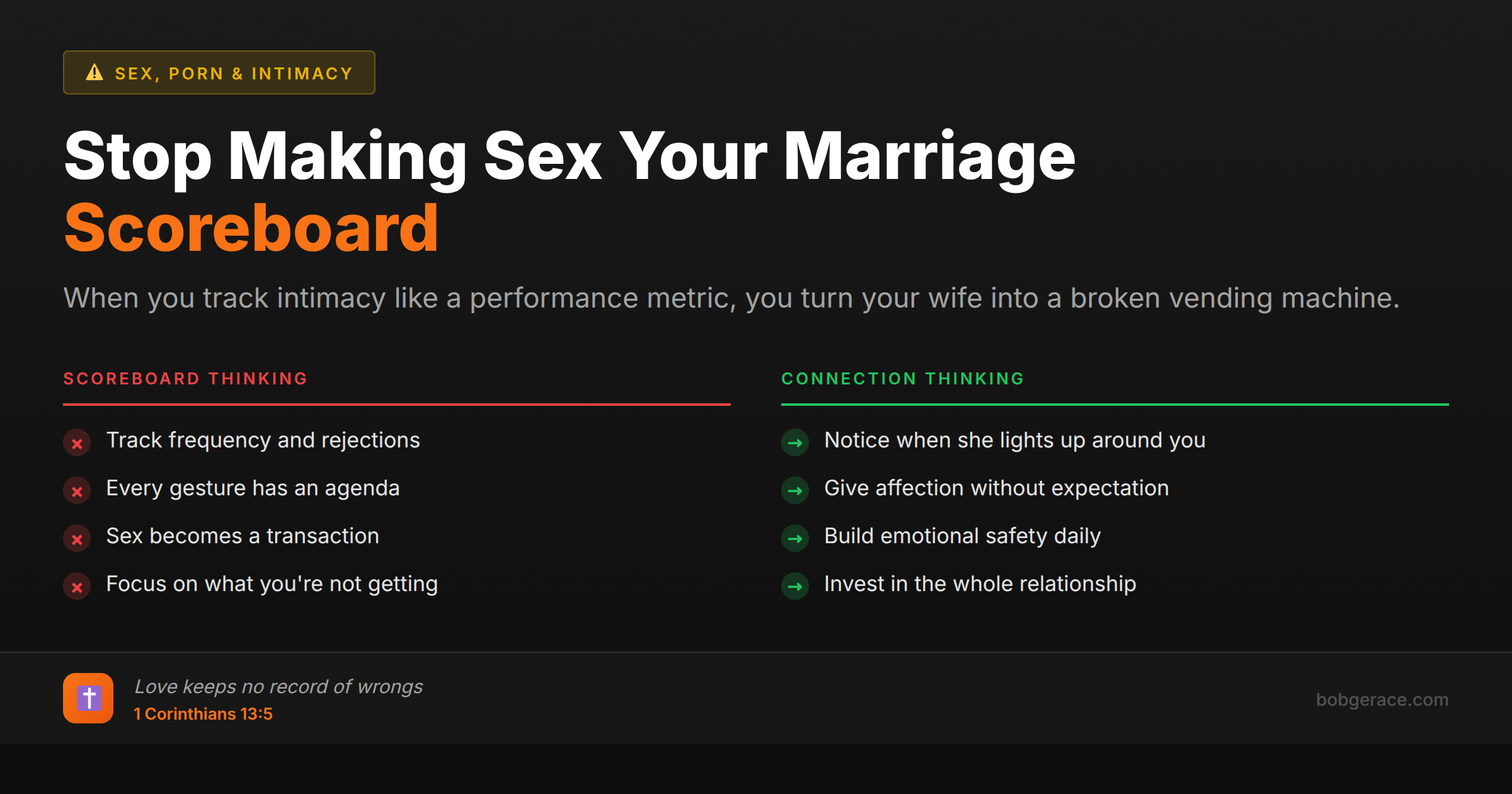 Marriage coaching advice comparing scoreboard thinking vs connection thinking about intimacy and sex in marriage