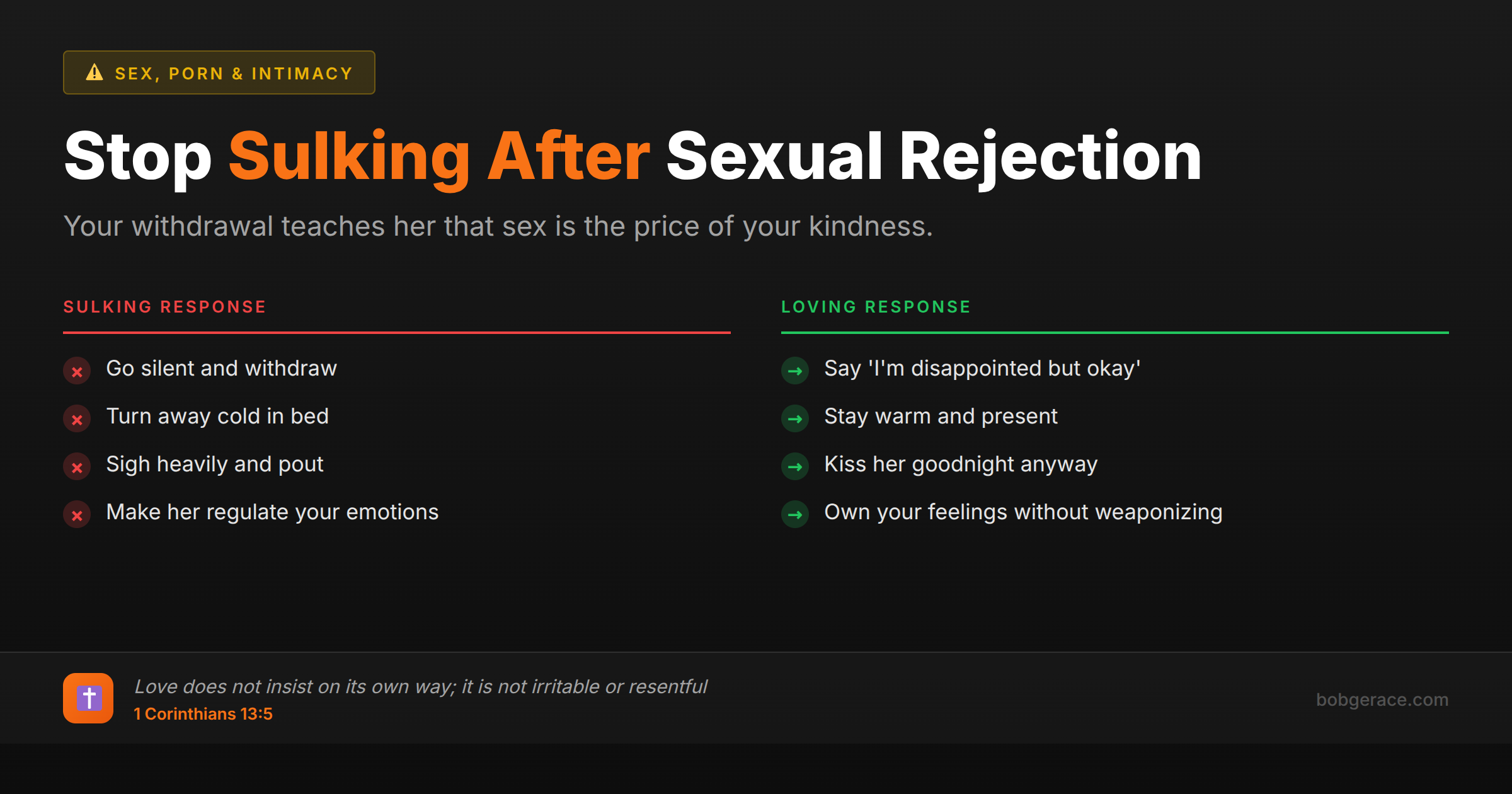 Marriage advice comparing sulking vs loving responses to sexual rejection, with biblical guidance from 1 Corinthians 13:5