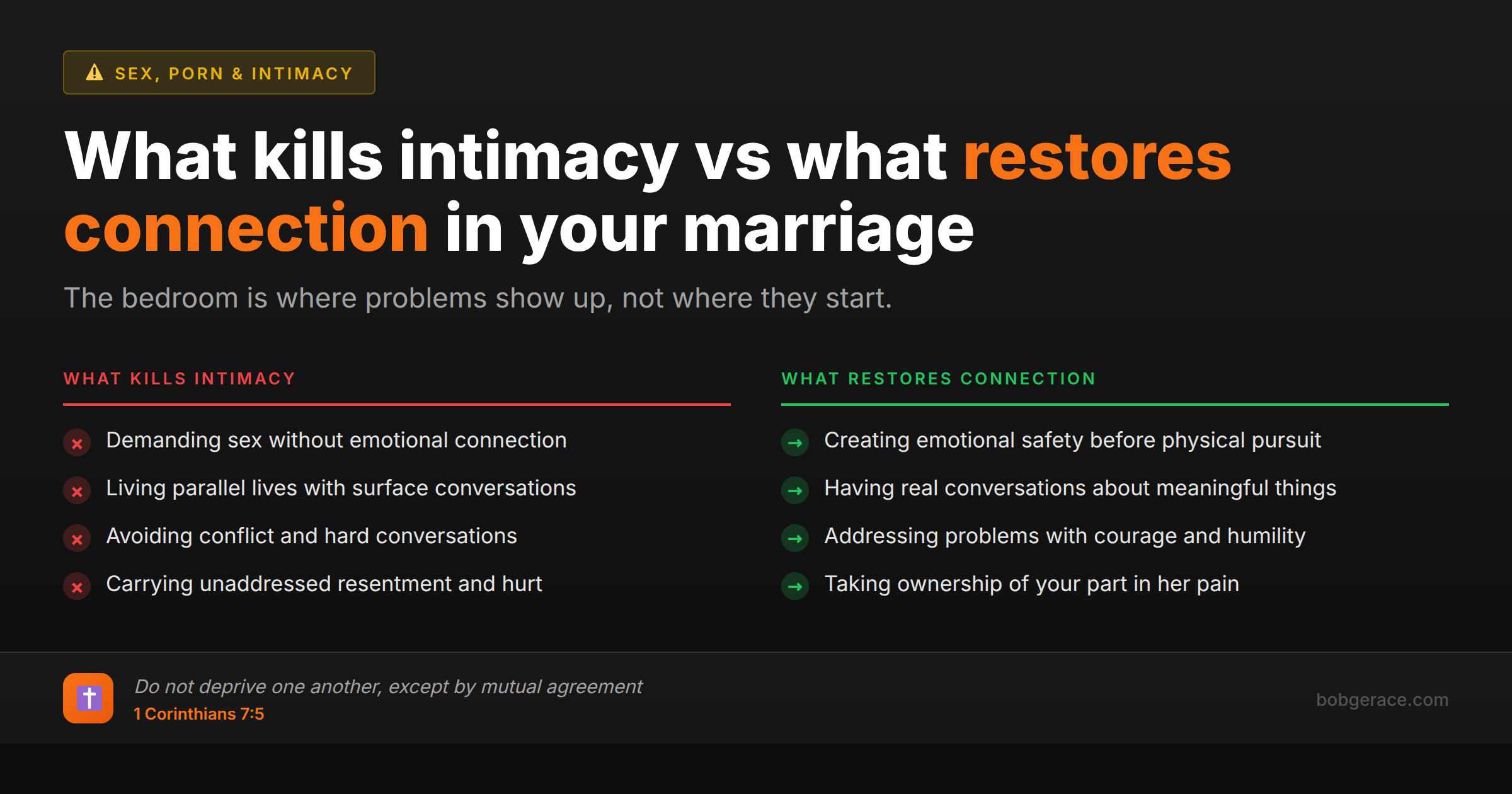 Marriage coaching infographic comparing what kills intimacy versus what restores connection between husband and wife