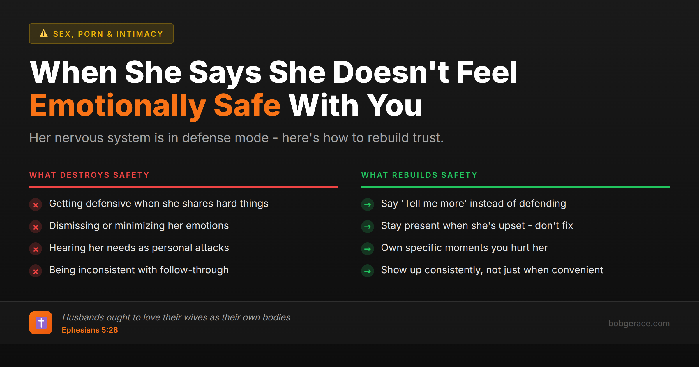 Marriage advice comparing behaviors that destroy vs rebuild emotional safety when wife feels unsafe