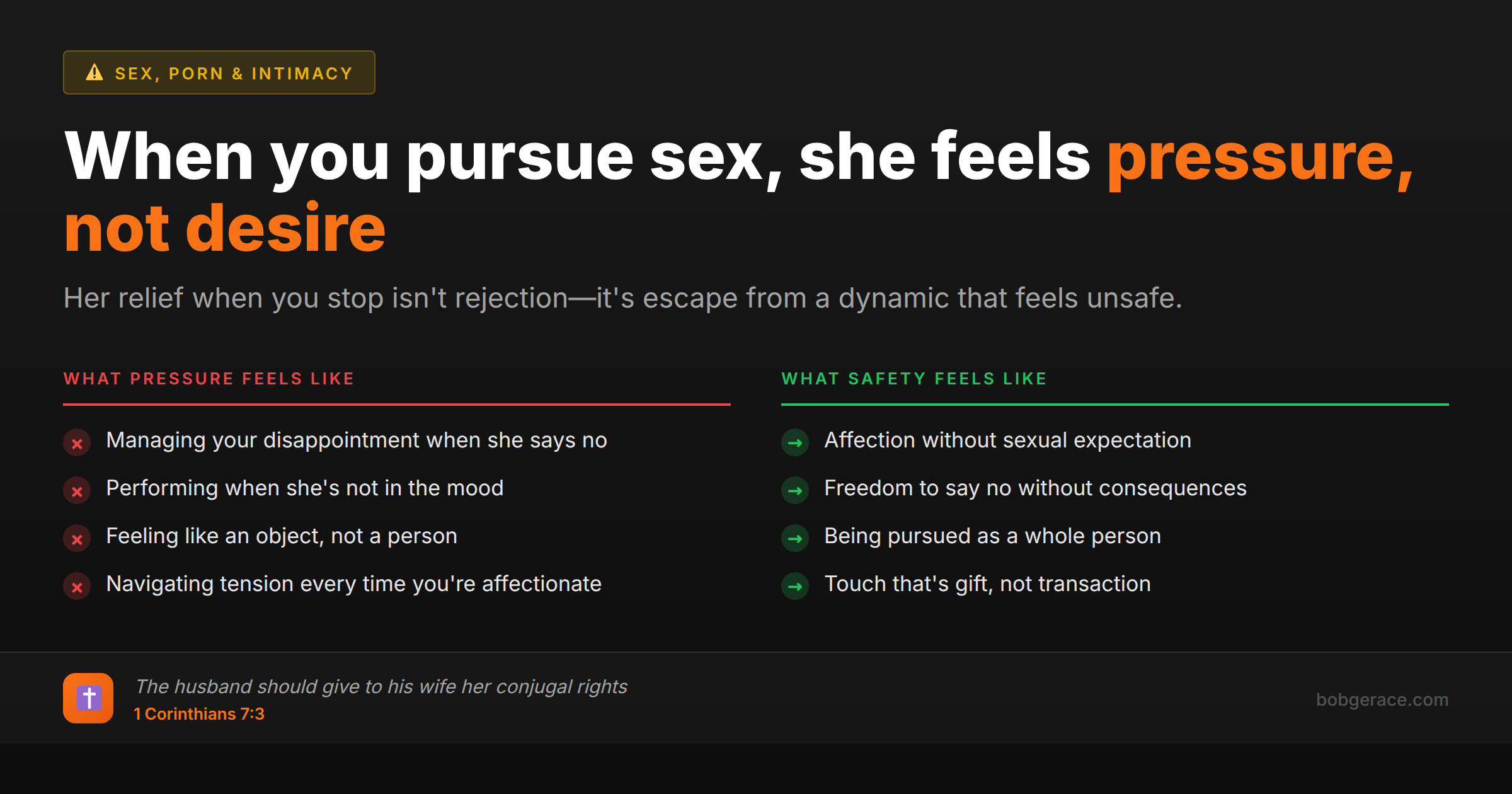 Marriage coaching image comparing sexual pressure vs desire, showing why wives feel relieved when husbands stop pursuing sex