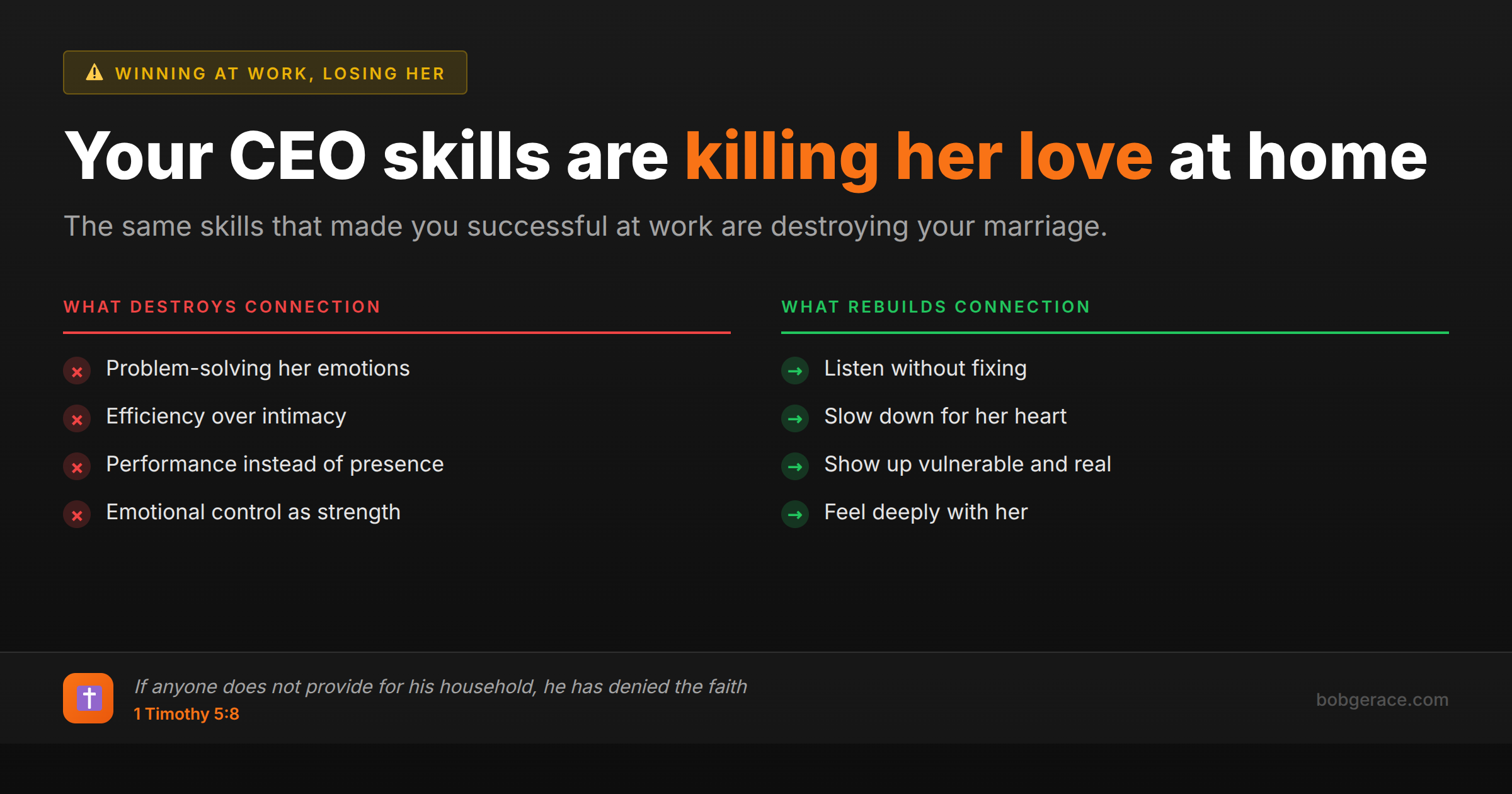 Marriage coaching advice comparing work skills that destroy connection versus relationship skills that rebuild intimacy for high-performing men