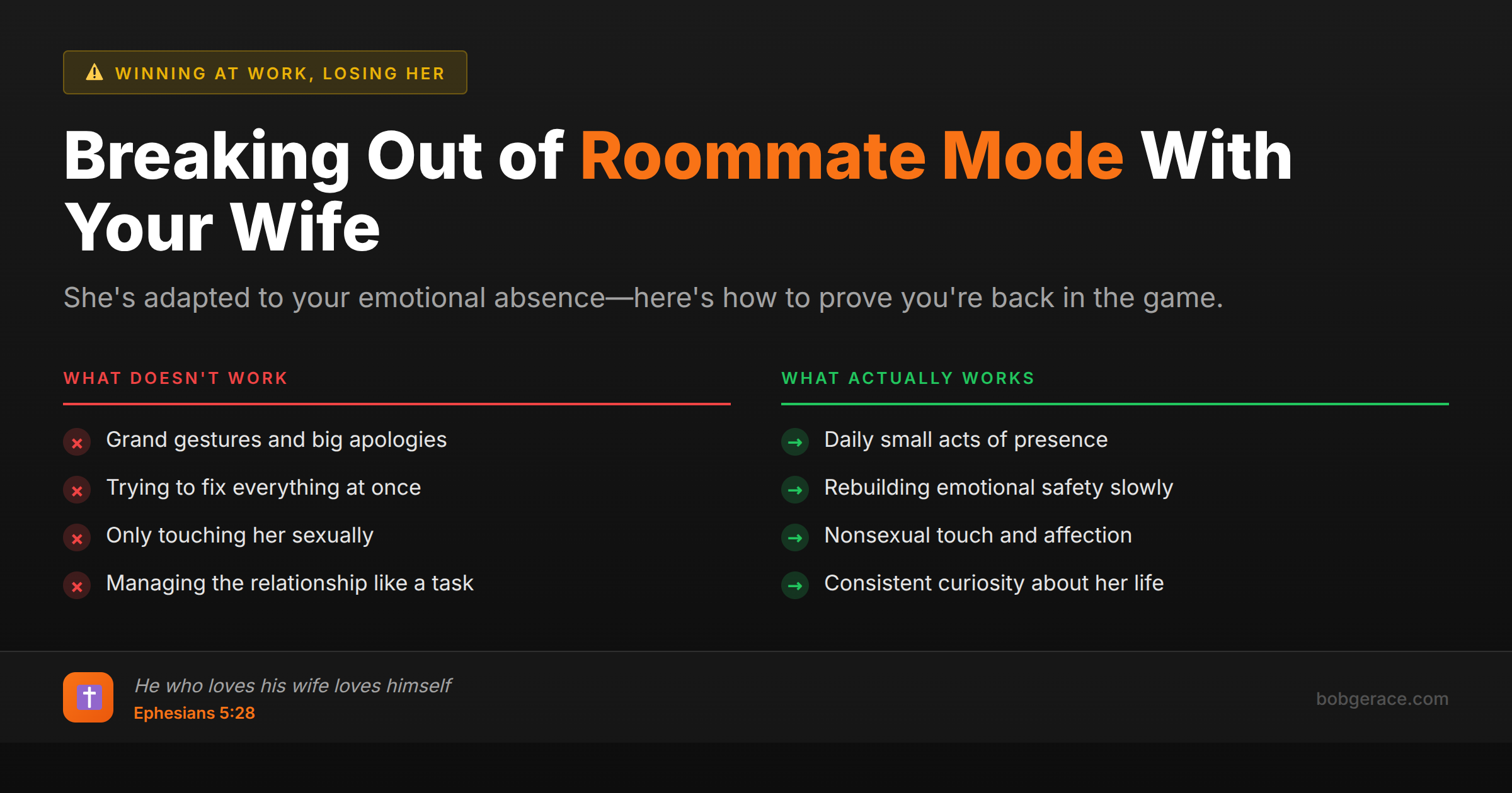 Marriage advice comparing ineffective vs effective ways to reconnect emotionally with your wife and break out of roommate mode