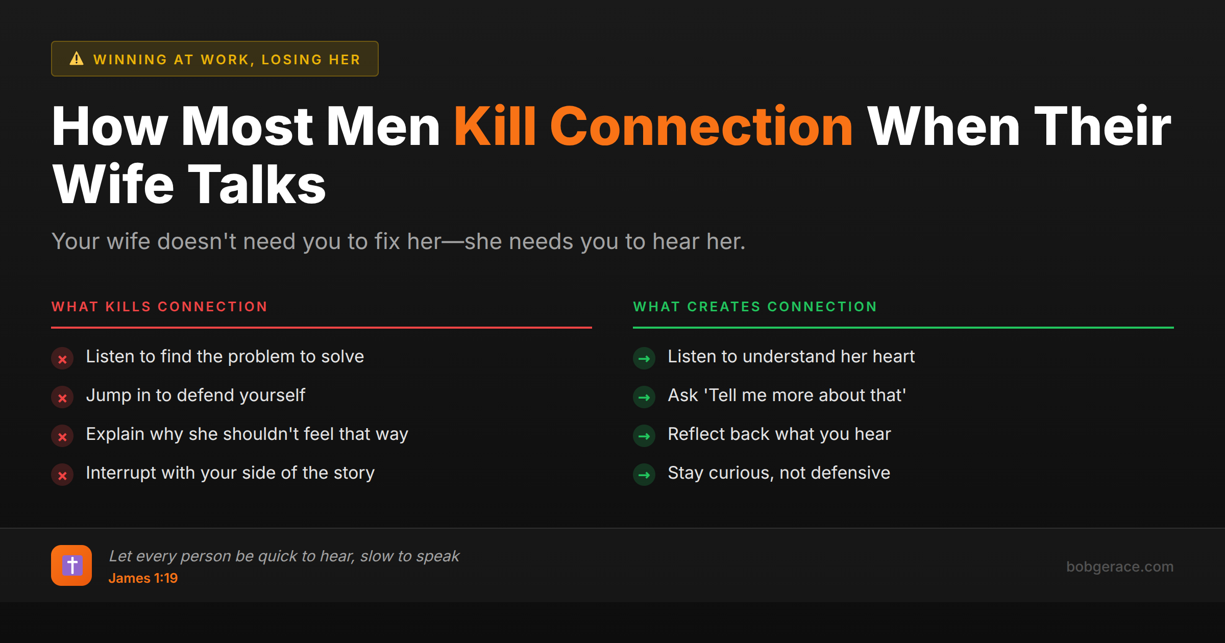 Marriage advice comparing wrong vs right ways to listen to your wife, showing how to create connection instead of killing it