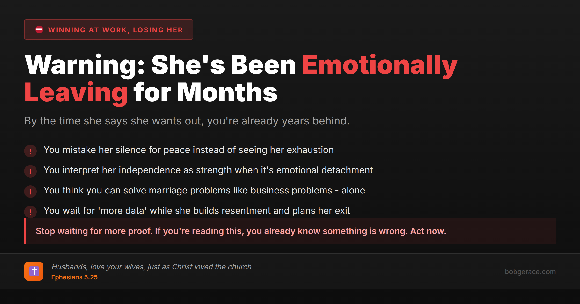 Warning signs that men wait too long to get marriage help - she's emotionally leaving while you think everything is fine