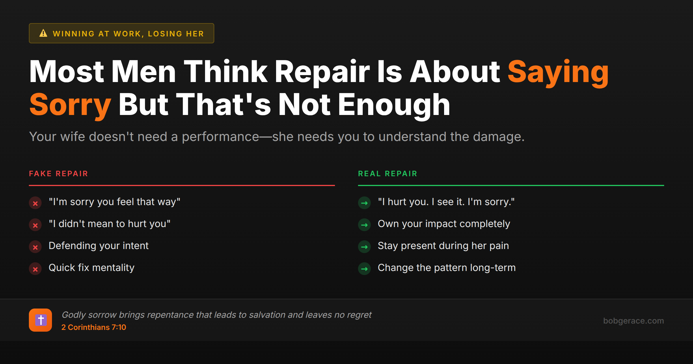 Marriage coaching guide showing the difference between fake repair and real repair from husbands, with biblical principles for genuine apologies and relationship restoration