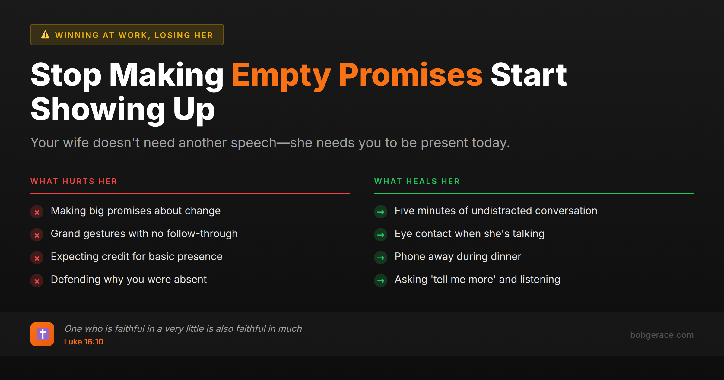 Marriage advice comparing harmful promise-making versus helpful daily presence for repairing emotional neglect