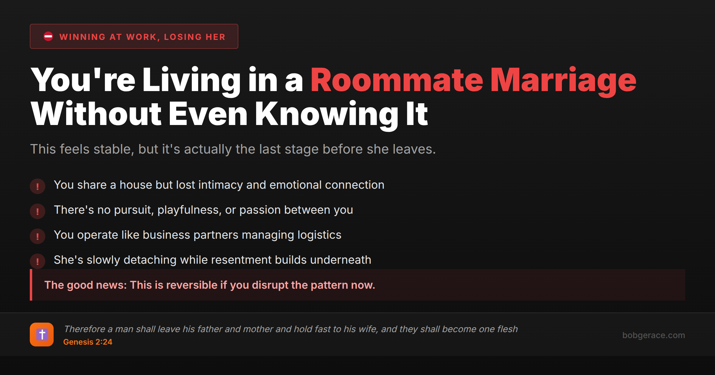 Warning signs of roommate marriage for Christian husbands - lost intimacy and emotional connection in marriage