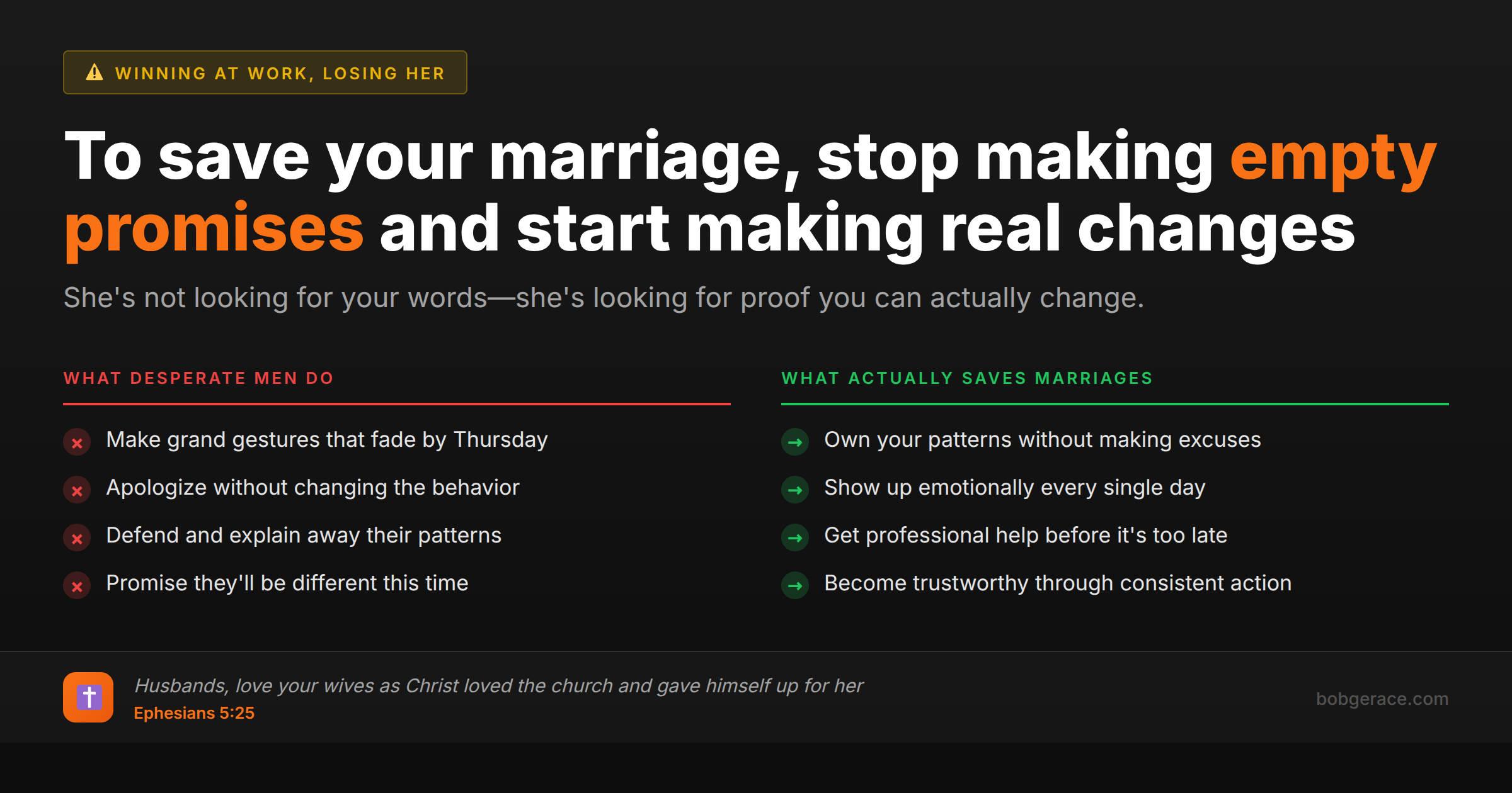 Marriage advice comparing ineffective desperate behaviors versus actual steps that save marriages before divorce